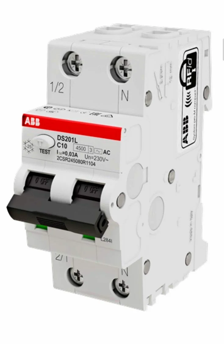 ABB DS201 LH Interruptor Diferencial Magnetotérmico Rearme Automático Cuadro Eléctrico 4,5 KA 1P + N 30 mA 2 módulos Clase AC (DS201LHC10AC30 10A (EX DS91LC10AC30))