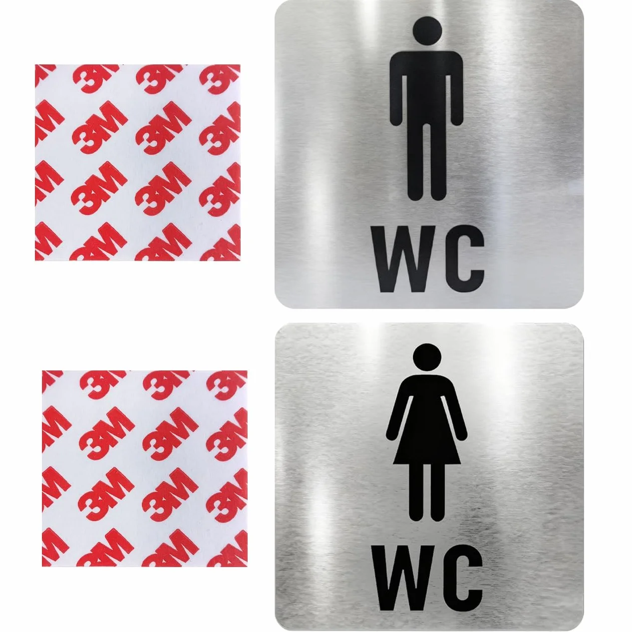 2pcs Simbolos Baño, Placas Cartel WC Acero Inoxidable 12x12 cm – Juego de Carteles Baño Mujer y Hombre – Señalización Resistente con 2 Adhesivos Fuertes 50x50 mm – Instalación Sencilla