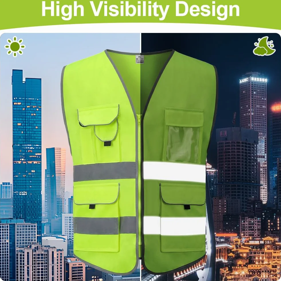 Chaleco de Seguridad Reflectante, Chaleco de Seguridad de Alta Visibilidad, Chaqueta de Chaleco Cremallera Brace Seguridad Teléfono Móvil Titular de Id de Bolsillo