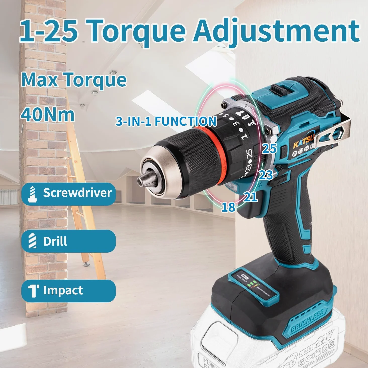 KATSU FIT-BAT de 21 V Taladro atornillador de impacto inalámbrico sin escobillas, portabrocas de 13 mm, sin batería 102624