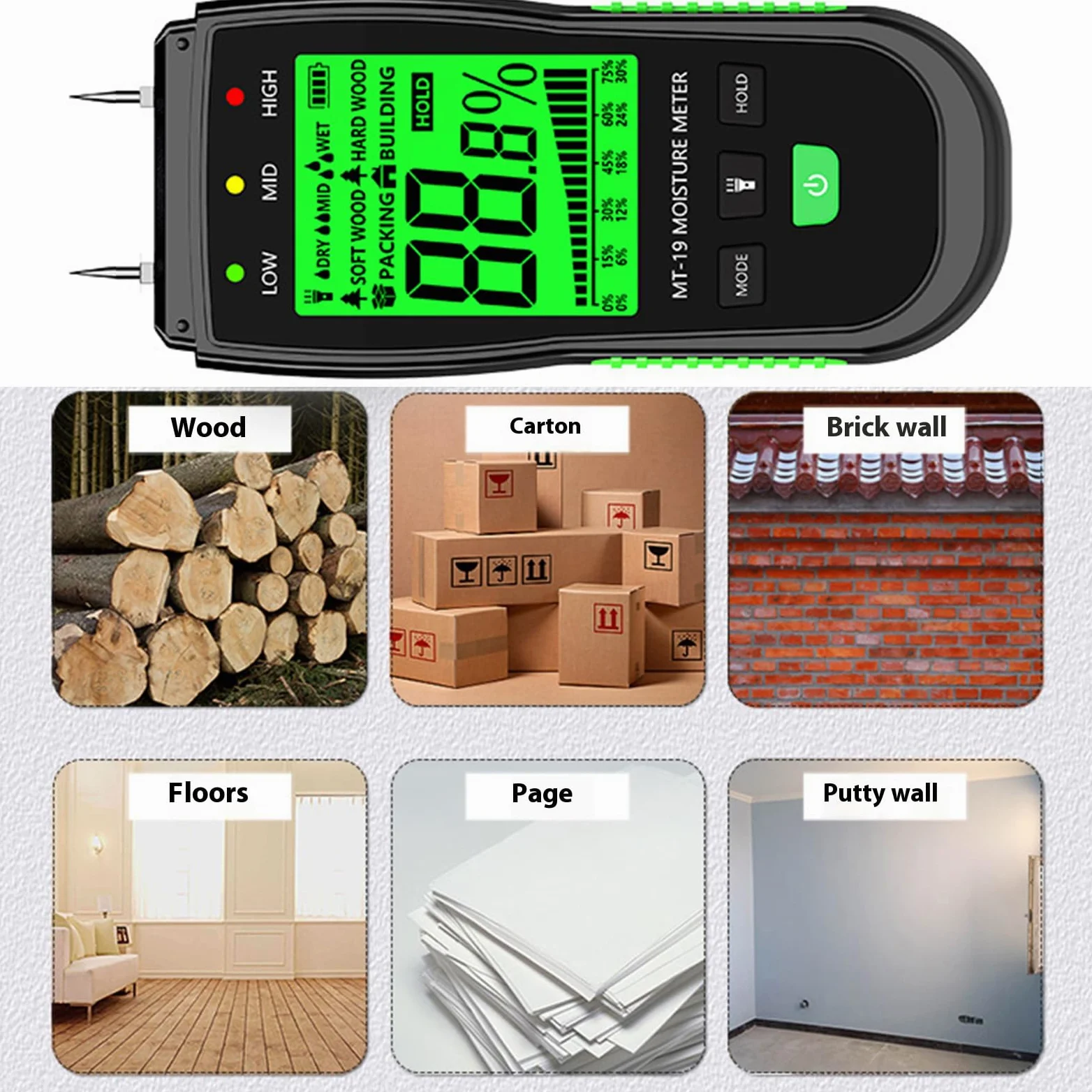 Medidor de lectura de madera de pantalla grande de alta precisión adecuado para uso en interiores y exteriores, trabajadores de la construcción, medidor de pared de ladrillos