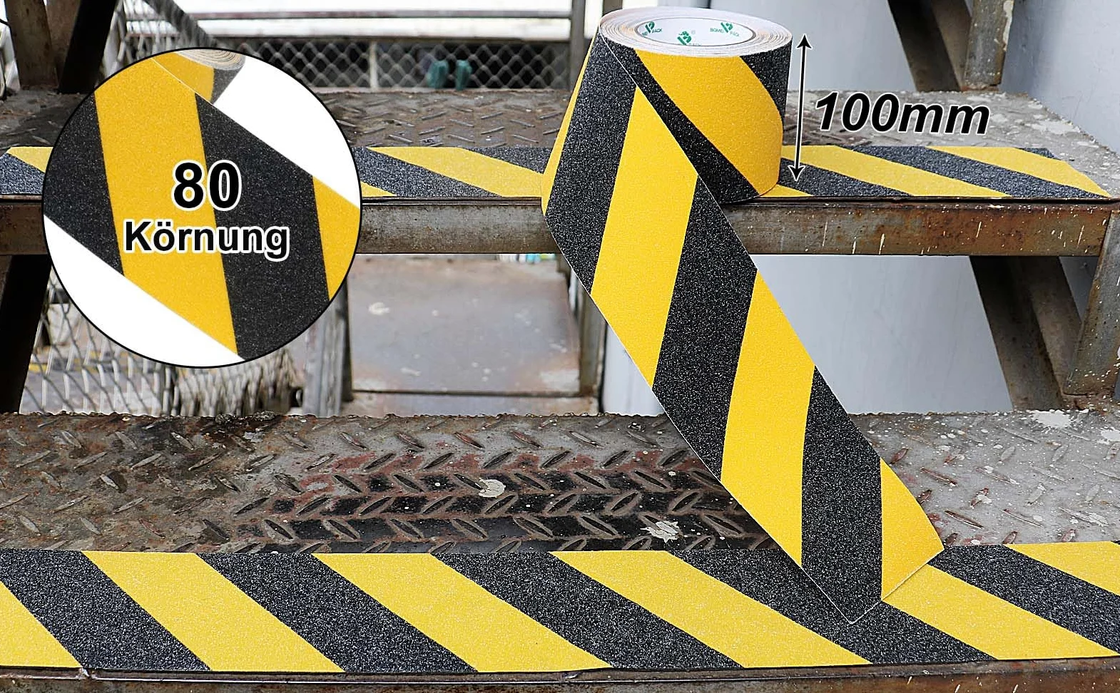 BOMEI PACK 100mmx10m Antideslizante Cinta Adhesiva, Alta Tracción Fuerte Apretón Abrasivo, Cinta Autoadhesiva de Seguridad, Cinta Adhesiva de Agarre, para Interiores y Exteriores, negro y amarillo