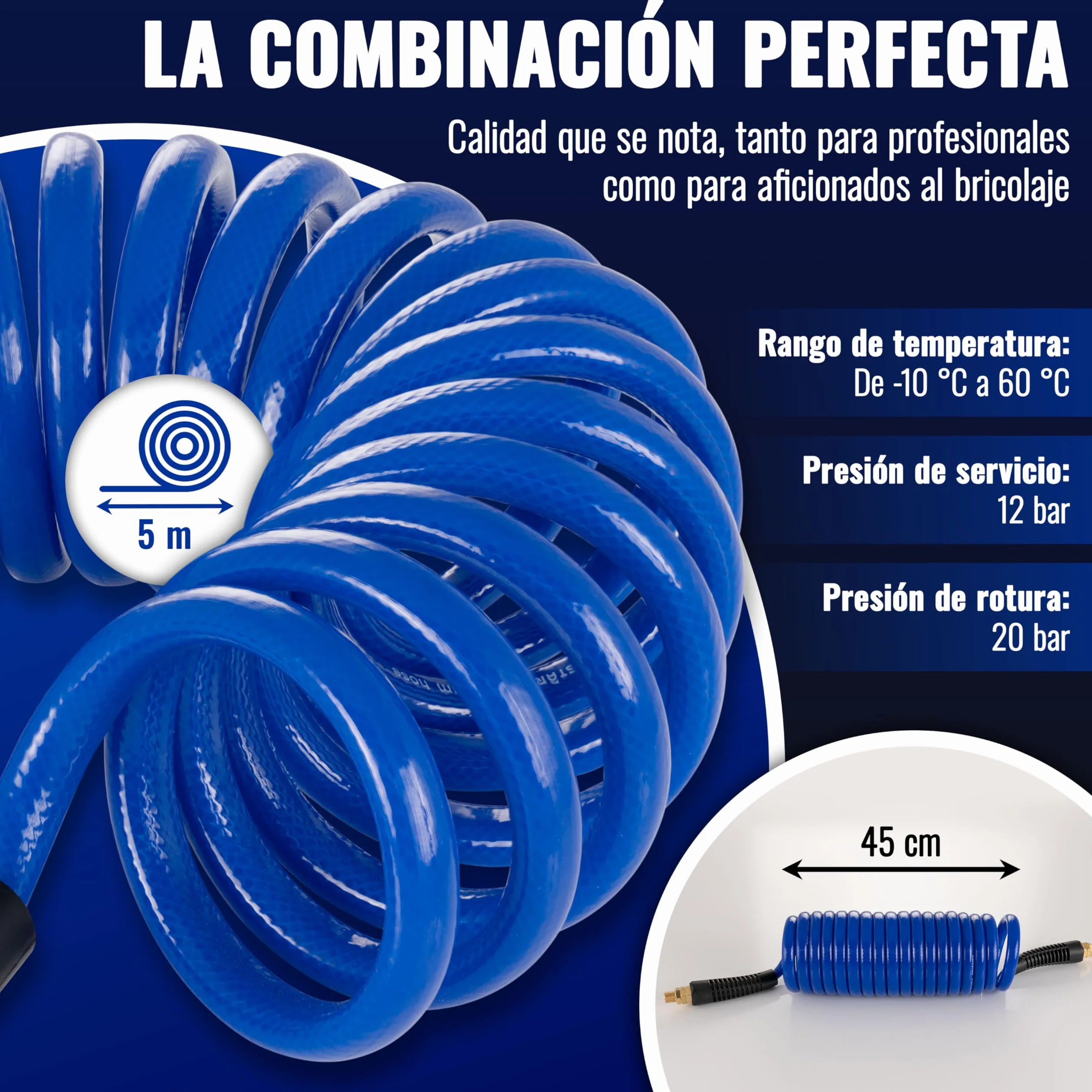 Poppstar Manguera en espiral de aire comprimido 5 m con Ø 8 mm x 12 mm, protección contra dobleces, racor giratorio G 1/4" rosca exterior