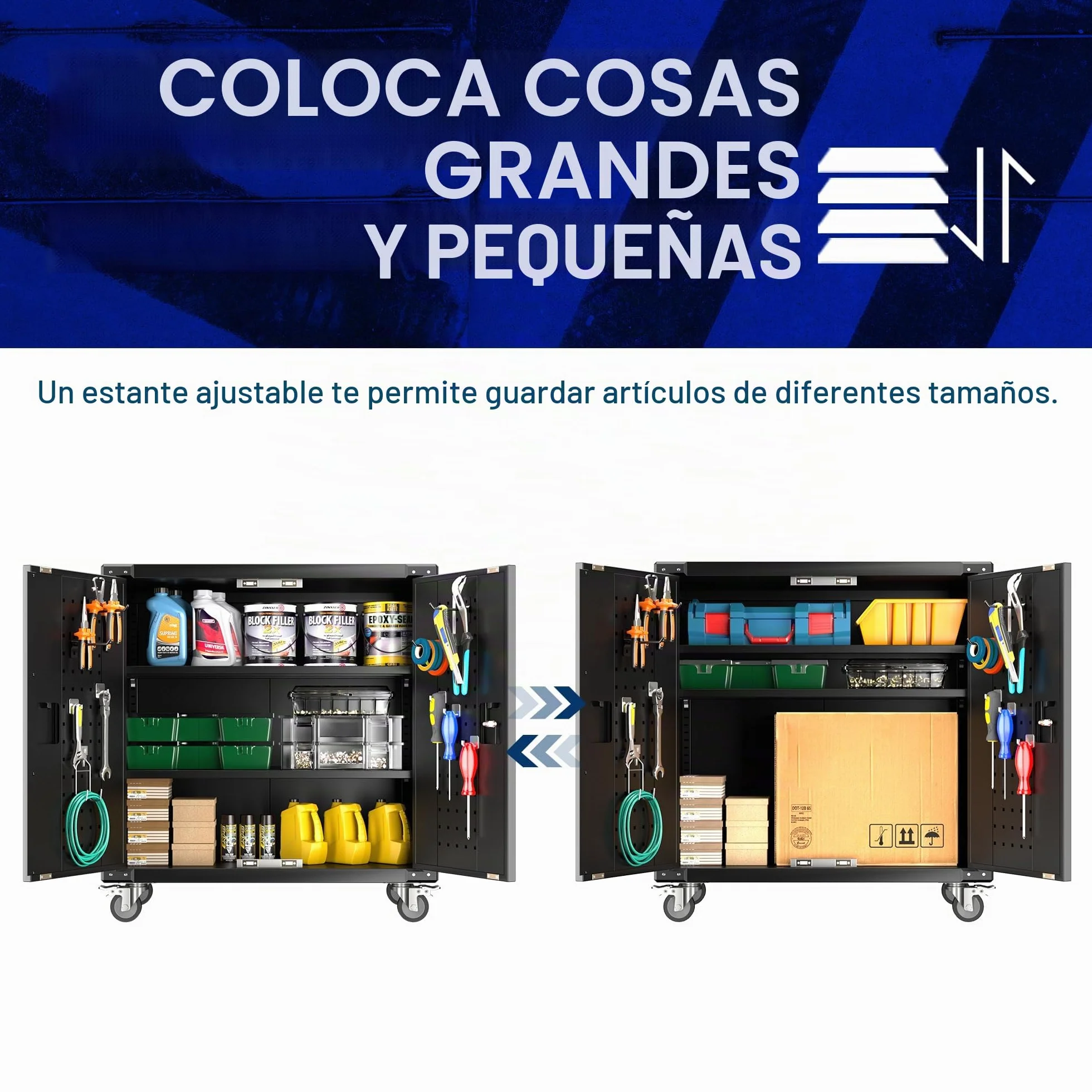 Armario de herramientas con ruedas, tablero de clavijas y 4 ganchos, 2 puertas y estantes ajustables