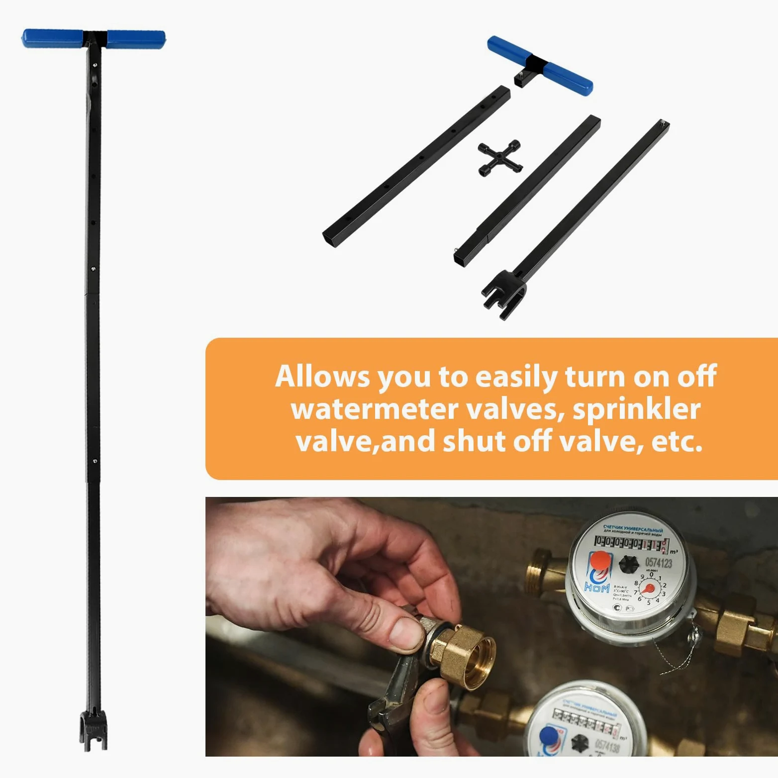 mumisuto Llave De Medidor De Agua con Herramienta de 4 Vías, Llave Contador T Acero Mango, Longitud Ajustable 43-94cm, Llave Universal Mantenimiento Tuberías y Válvulas (Azul)