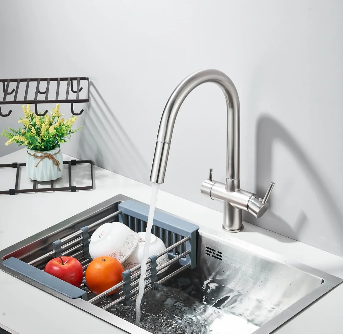 Grifo de cocina de 3 vías Slender con ducha extraíble, caño giratorio 360°, conexión para filtro de agua, acero inoxidable