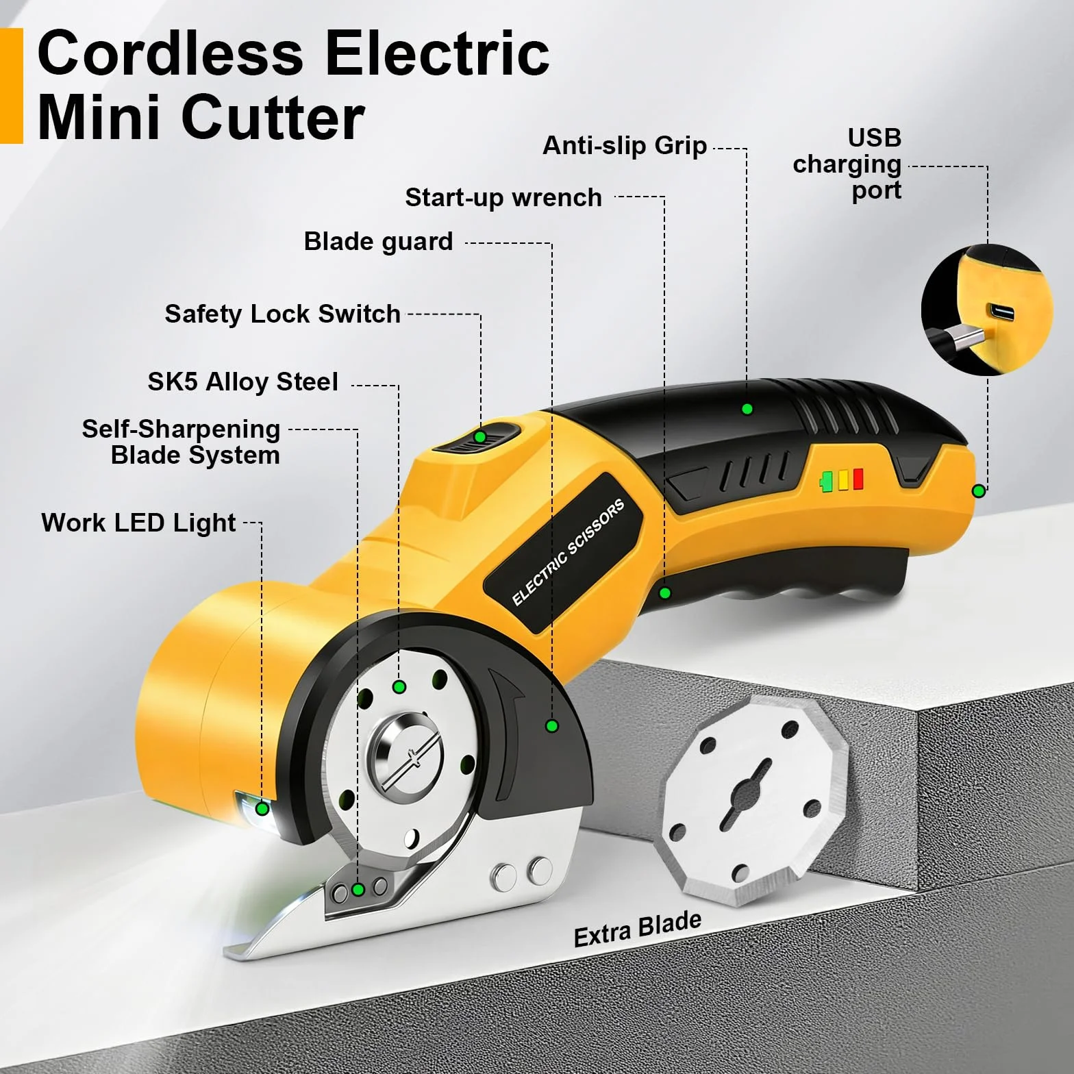 Tijeras Eléctricas Inalámbricas 4.2V con Bloqueo de Seguridad, Luz LED y Cuchillas de Repuesto, Recargables para Corte de Tela, Cuero, Alfombra, Cartón y Plástico