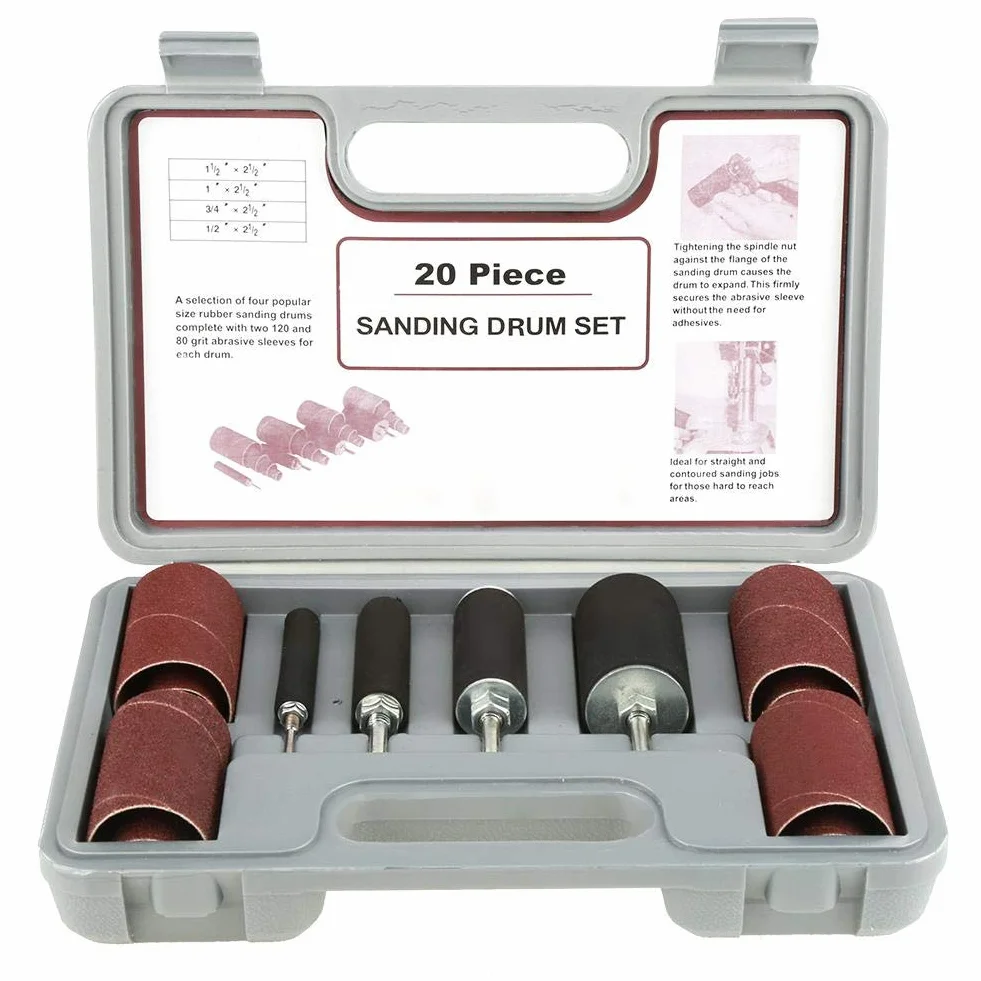 Kit de lijadora de tambor de 20 piezas, juego de tambor de lijado de goma con estuche para prensa de taladro
