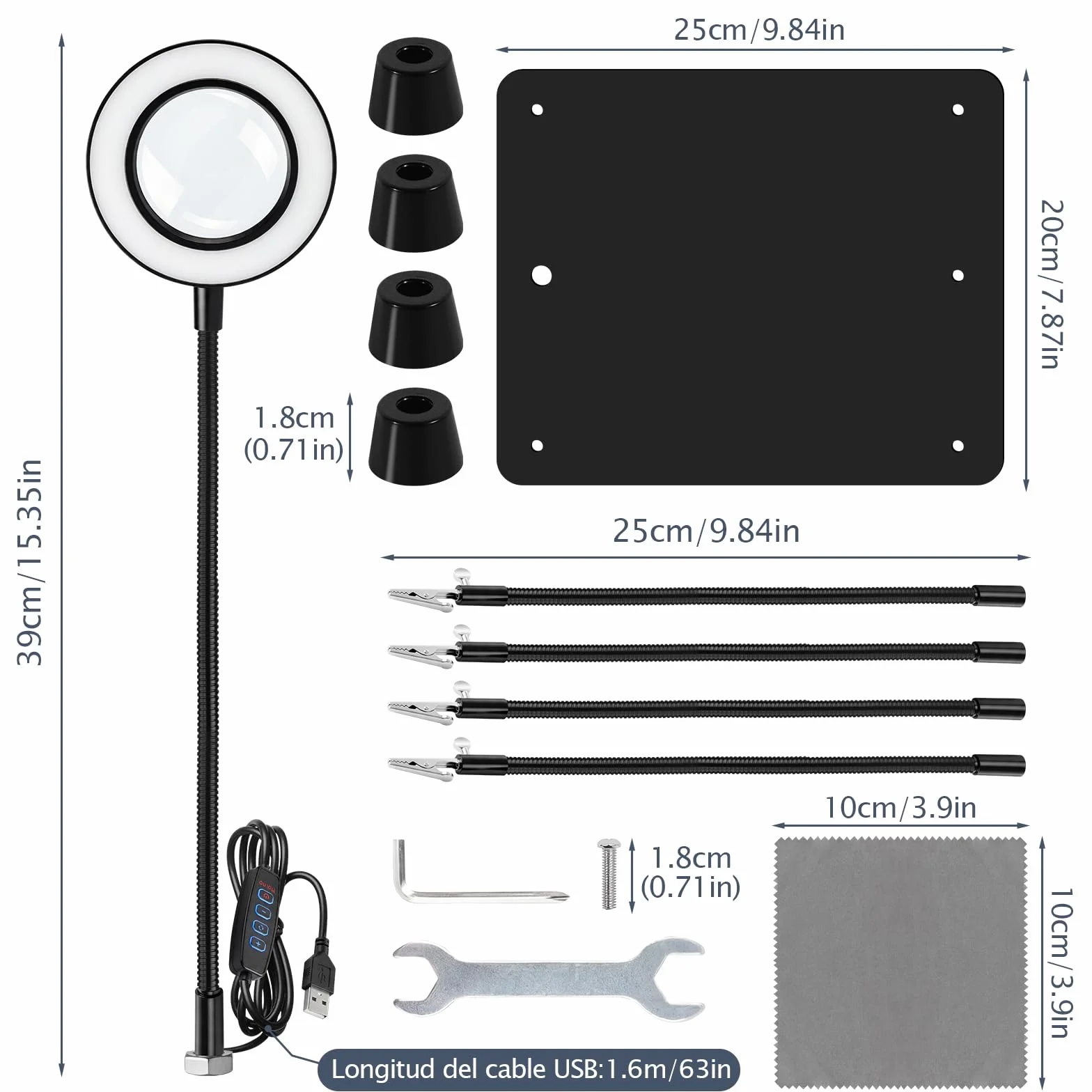 Estación de Soldadura 6X Lupa LED 4 Brazos Flexibles Soporte para Placa de Circuito Tercera Mano para Soldar Joyería Electrónica Manualidades