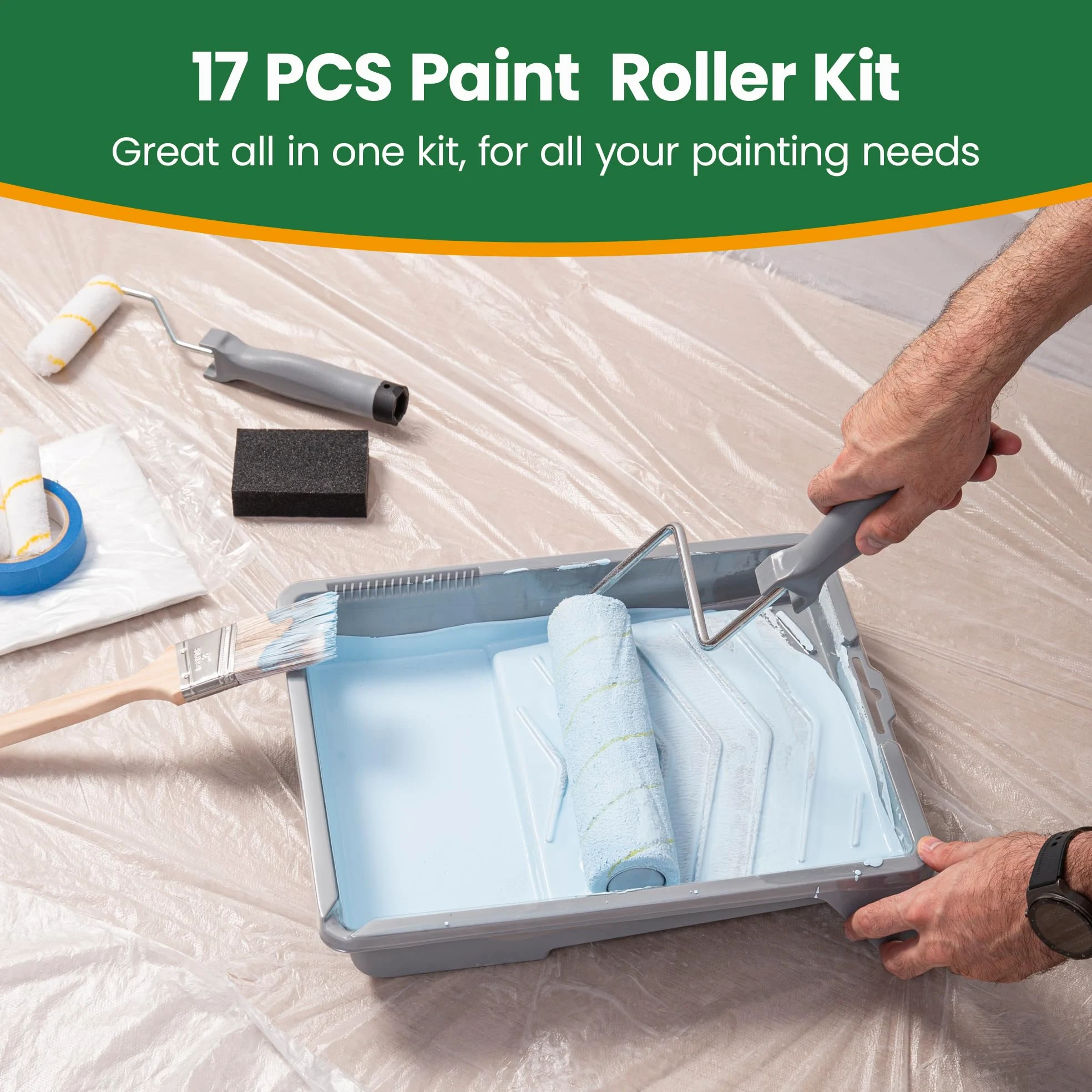 VOOMEY Kit de rodillos de pintura de 17 piezas, rodillos de pintura de 9 pulgadas y 4 pulgadas, marco de rodillo de pintura, bandejas de pintura, cubierta de rodillo de microfibra, kit de pintura para