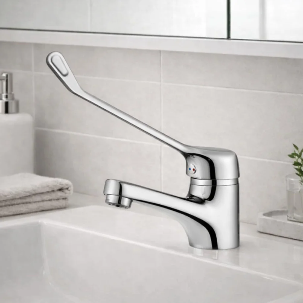 Grifo Gerontológico para Lavabo, Mezclador Monomando de Baño, Grifo Medical con Maneta Higiénica de Codo, Diseño Ergonómico, Acabado Cromado Plata