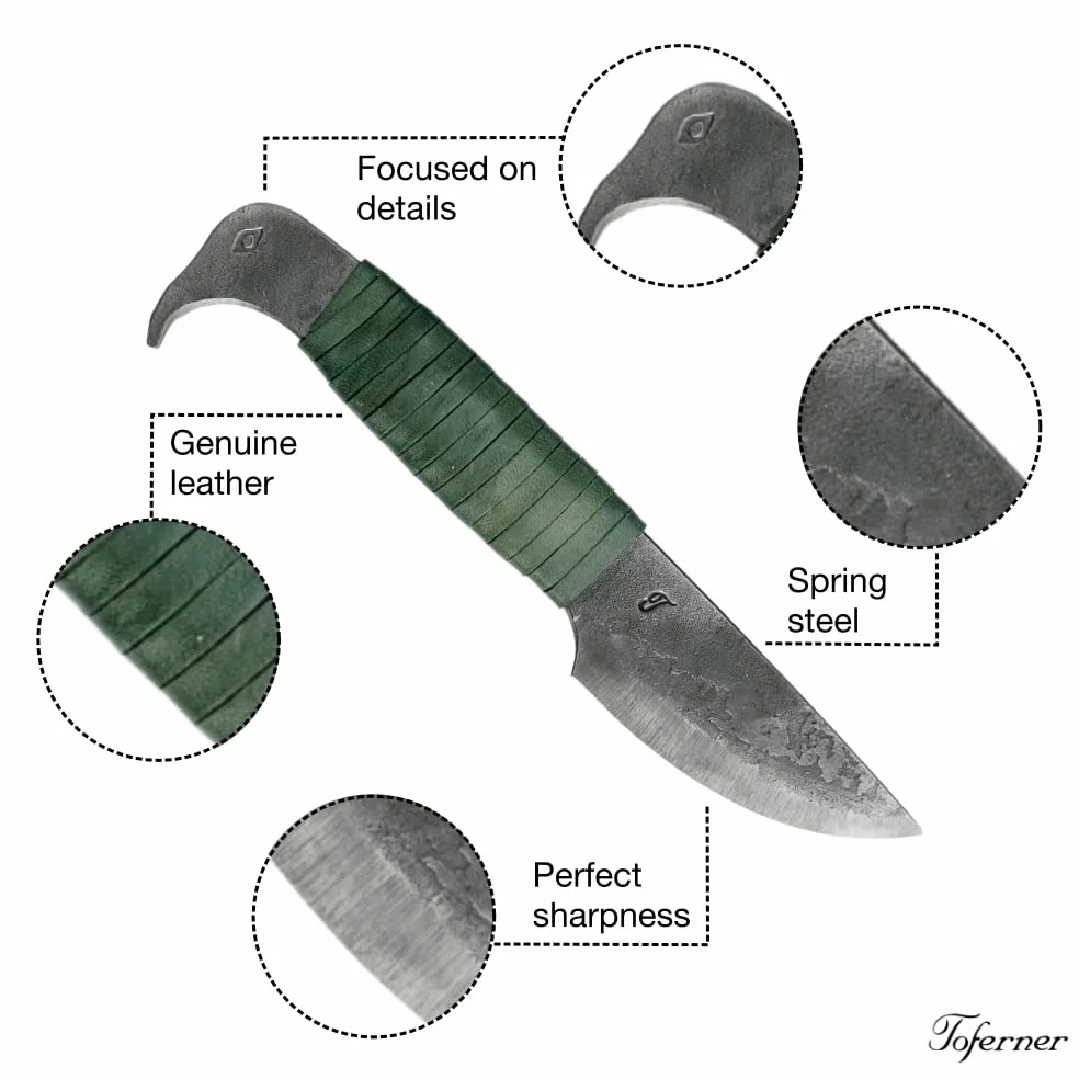Toferner - Cuchillo de acero cabeza de pájaro - Forjado a mano y aspecto vintage - Hoja puntiaguda ultra afilada - Elegante diseño antiguo - Incluye estuche de cuero auténtico