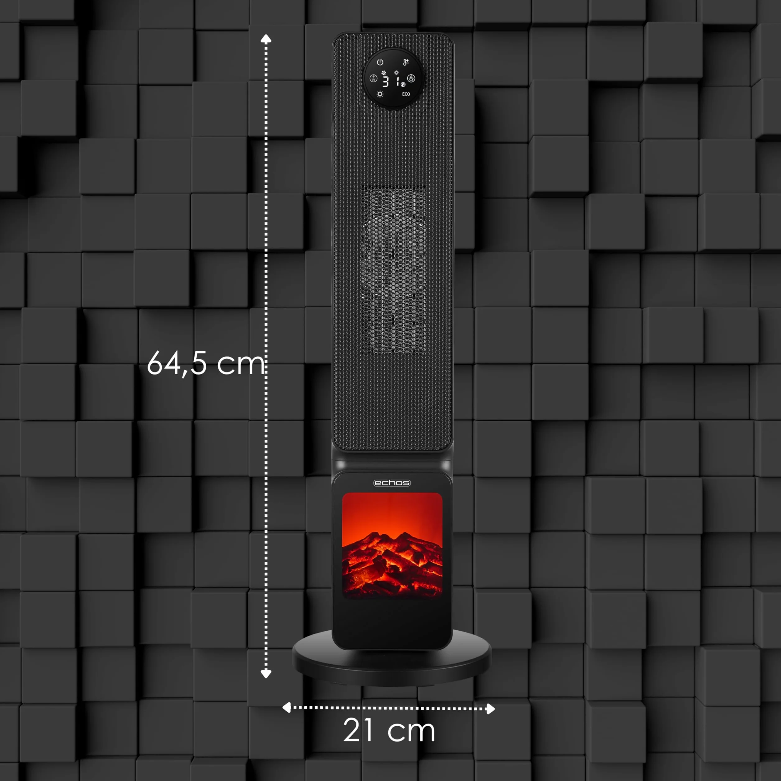Calefactor con ilusión de chimenea 2000 W, 2 niveles, oscilante, controlable mediante smartphone Tuya, silencioso