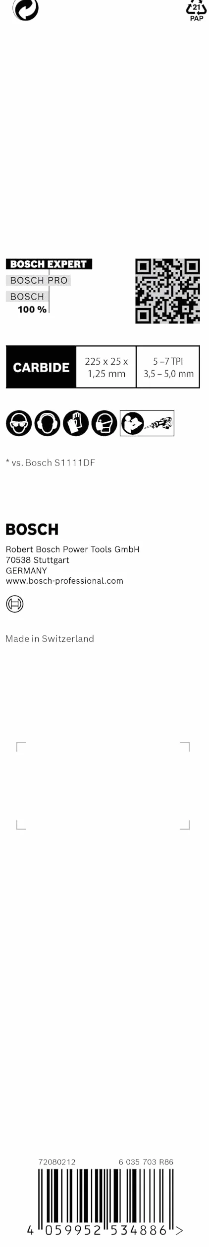 Bosch Professional S 1167 XHM Hoja de sierra sable Expert para Madera con metal duro 225 mm