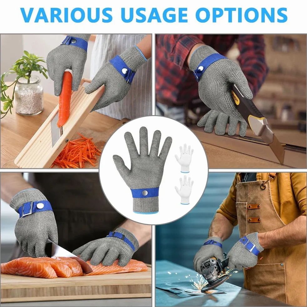 Flintronic Guantes Anticorte Nivel 9, Guantes de Malla de Acero para Trabajo, Protección de Seguridad, Carnicero, 2 Manos de Nailon, Talla M