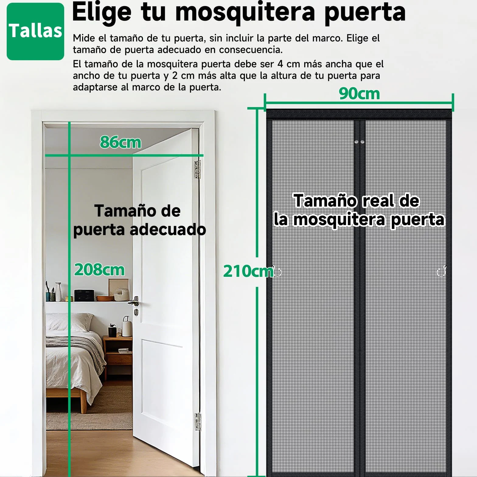 Mosquitera Puerta Magnetica, 90x210cm Cierre Magnético Completo, Sin Huecos, Fibra de Vidrio, Protección Contra Insectos, Imán sin Necesidad de Taladrar, Resistente a la Rotura, Resistente