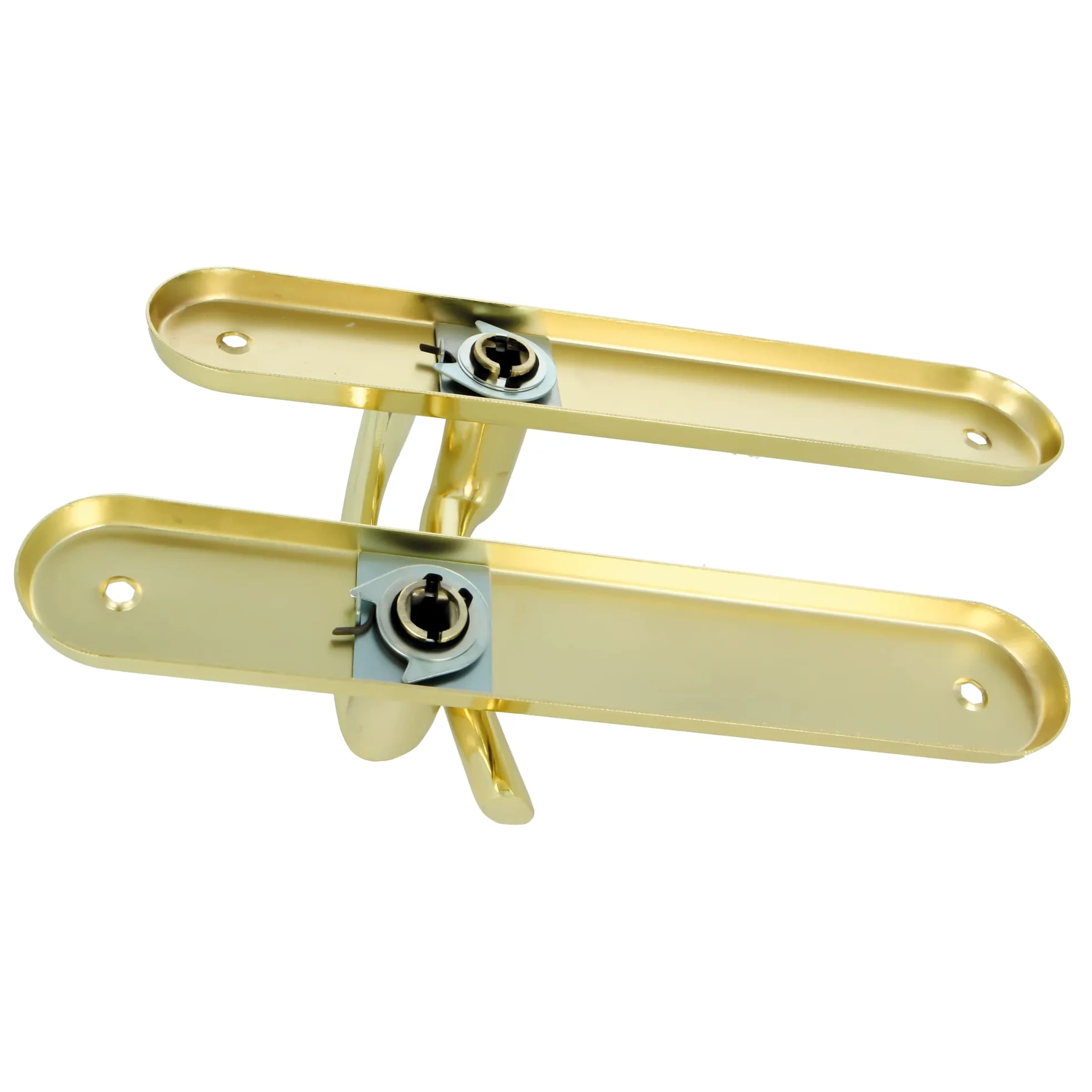 Amig - Juego de 2 Manillas de Placa Ovalada de Acero y Tirador de Zamak con Acabado Latonado Barnizado para Puertas de Paso de Interior - 237 x 40 mm · Manivela 120 mm - Incluye Tornillos