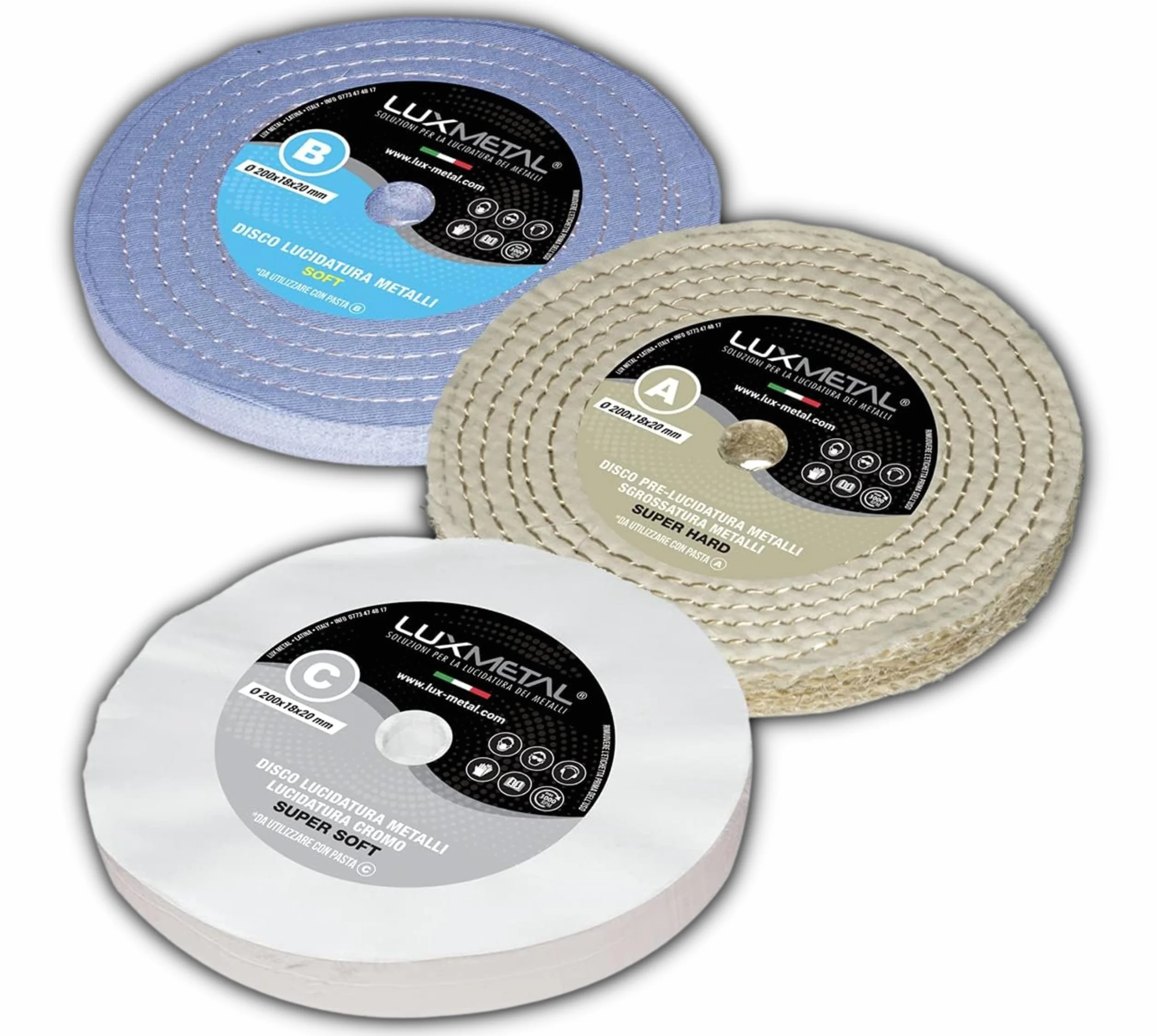 Lux Metal - Kit 3 discos de pulido de 200 mm A-B-C en algodón Set para pulido espejo Aluminio Acero inoxidable Discos de pulido de metales para rueda de amoladora Latón Cobre Madera Mármol Plexiglás