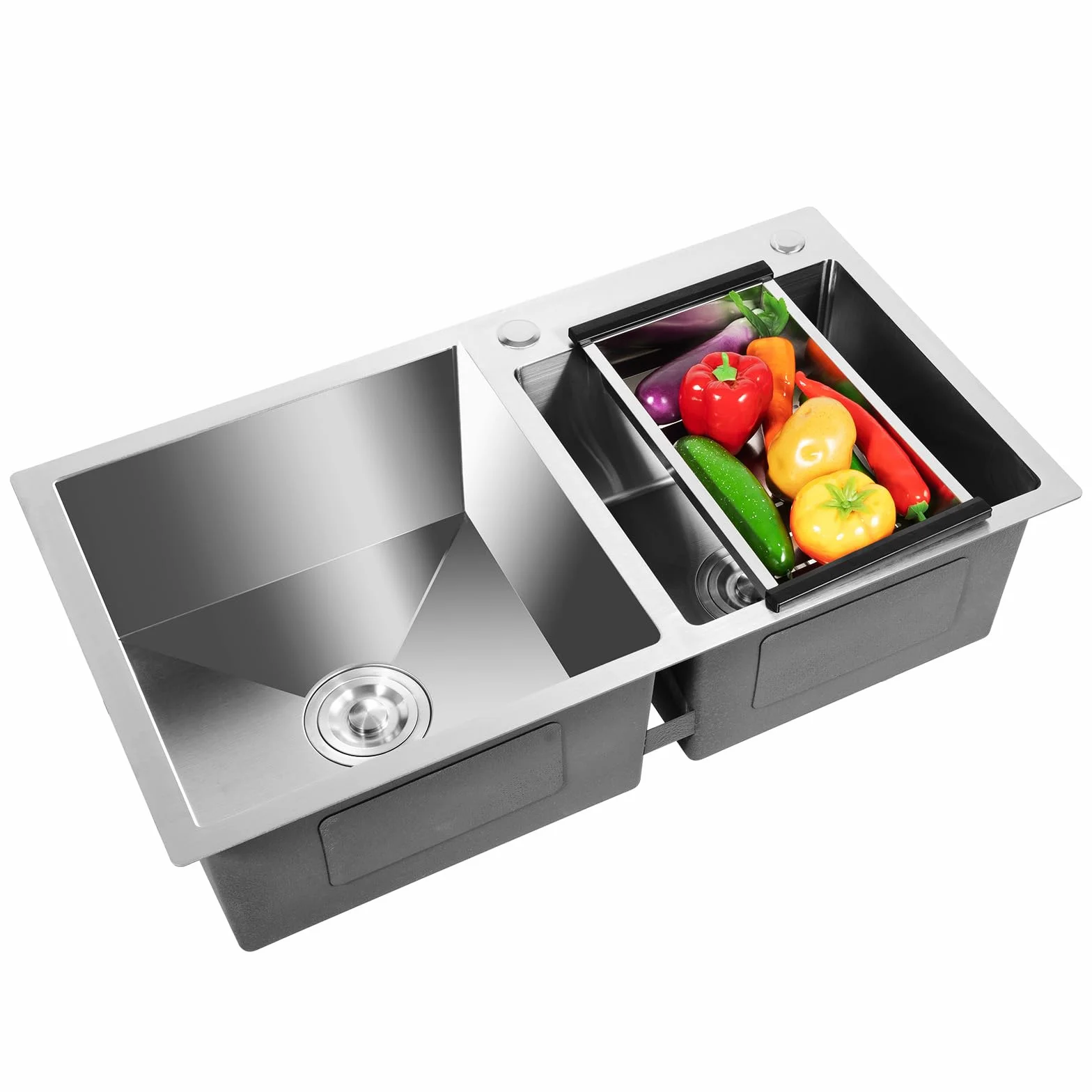 Fregadero Doble de Acero Inoxidable Empotrable Con Cesta de Drenaje, 2 Cuencos, 78 x 43 x 21 cm, Para Cocina