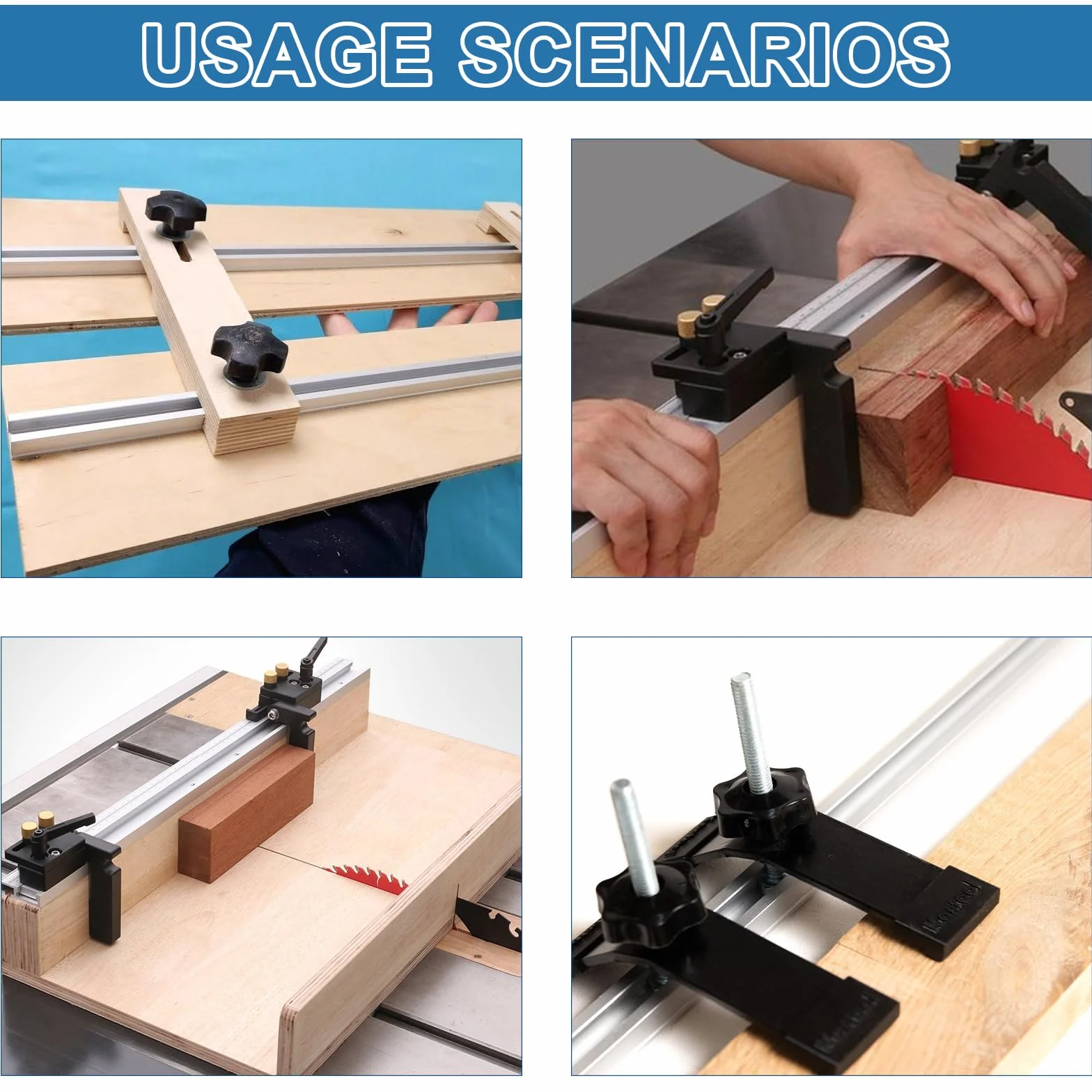 4 Piezas 400mm Guía en T de Aluminio con M8/M6 T-Track Tuerca dDeslizante y 4 Mangos M8, Abrazaderas de Riel en T para Enrutador Sierra de Mesa para Carpintero