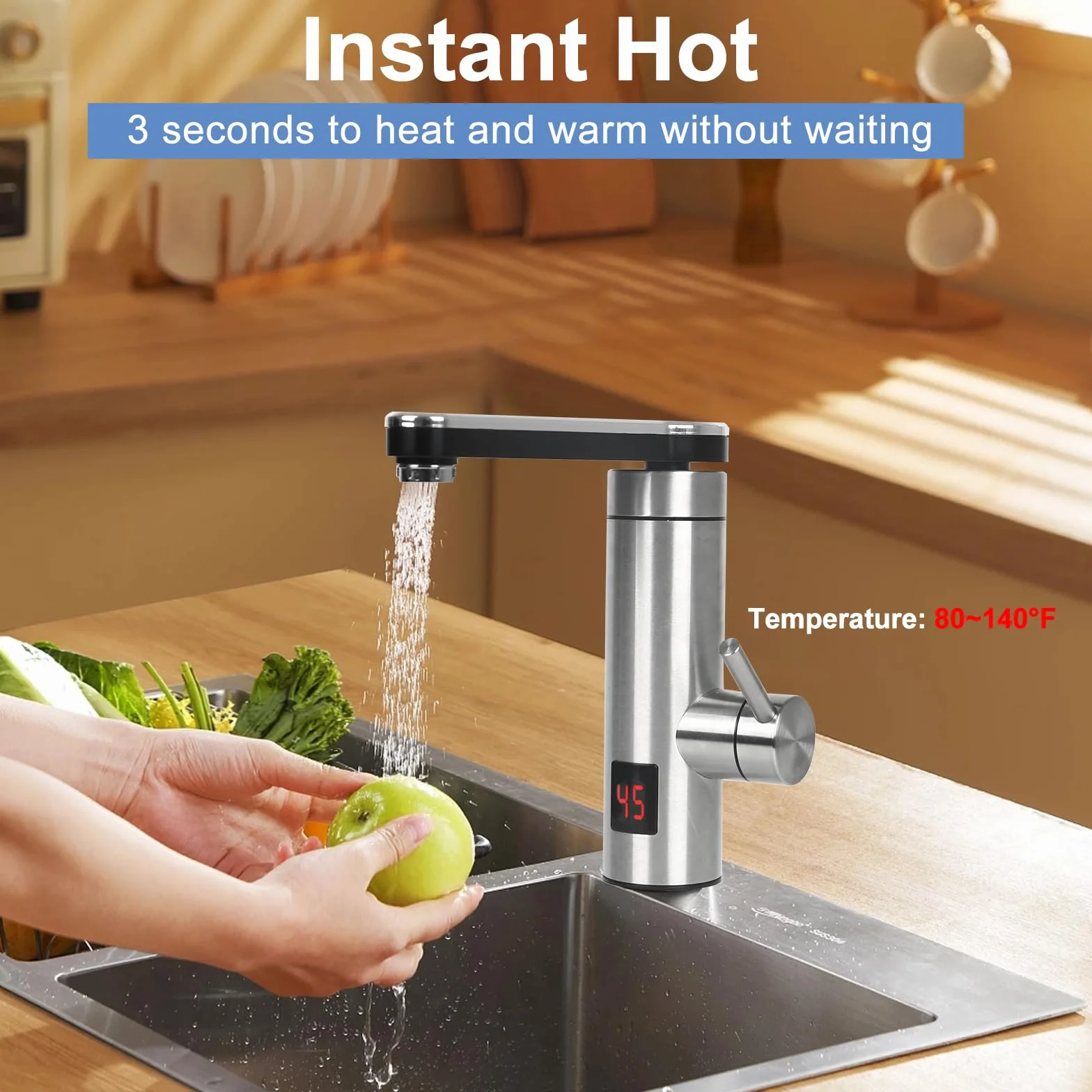 Grifo Calentador Eléctrico 3KW con Indicador LED 360°, Mezclador de Acero Inoxidable para Baño y Cocina