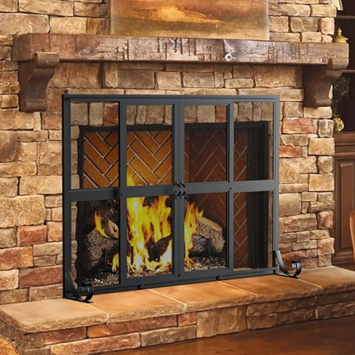 Salvachispas Chimenea con Puertas Correderas De Hierro Forjado Artesanal - Protector Chimenea para Leña. Seguridad para Niños Y Mascotas En El Salón Y Hogar