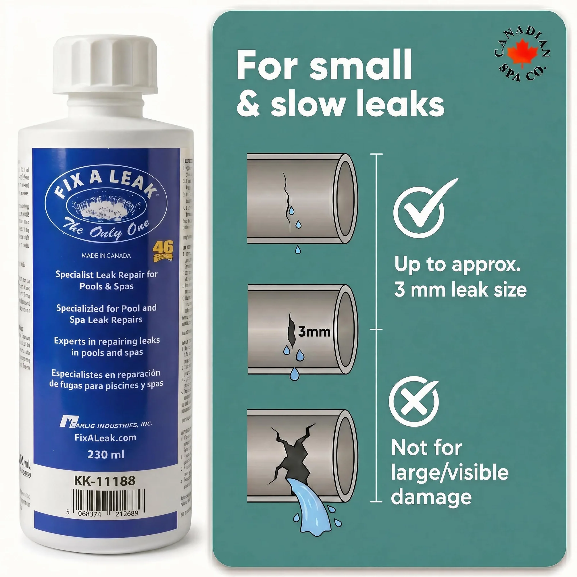 CANADIAN SPA CO. Fix-a-Leak, producto anti-fugas, 230 ml, sellador para piscinas y spas, sella fugas de hasta 3 mm, fácil de usar sin necesidad de desmontar
