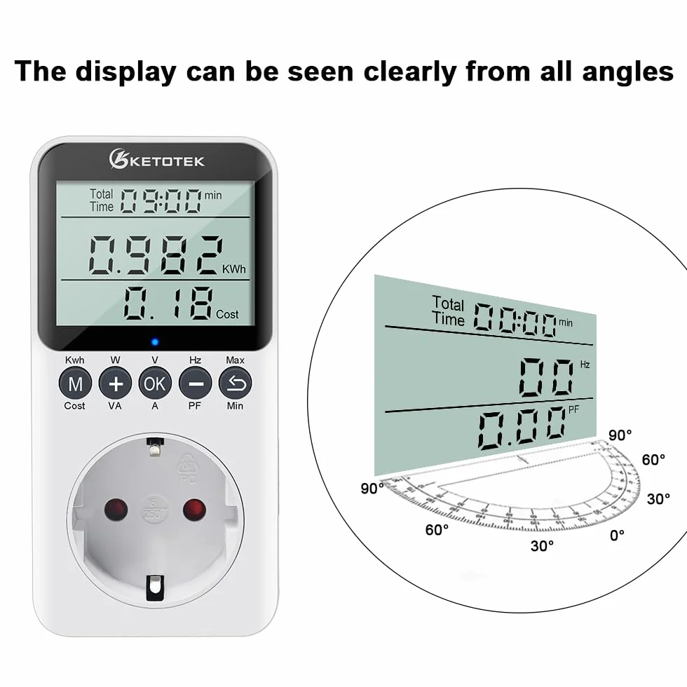 KETOTEK Medidor de Consumo Electrico, Enchufe Medidor de Energía con Pantalla LCD, Reteción de Datos Medidor de Costo de Electricidad 3680W Protección contra Sobrecarga