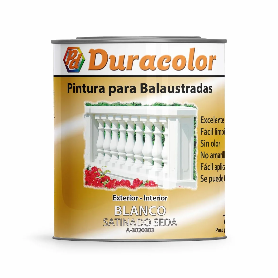 Pintura para Balaustradas Al Agua - Color Blanco - 750 ml - Impermeabilidad al Agua de la Lluvia - Superficie Interior y Exterior - Acabado Satinado - No amarillea - Secado Rápido - Duracolor