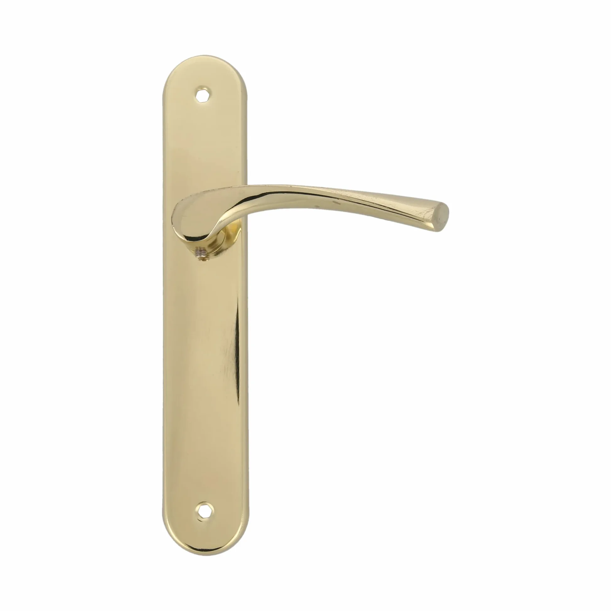 Amig - Juego de 2 Manillas de Placa Ovalada de Acero y Tirador de Zamak con Acabado Latonado Barnizado para Puertas de Paso de Interior - 237 x 40 mm · Manivela 120 mm - Incluye Tornillos