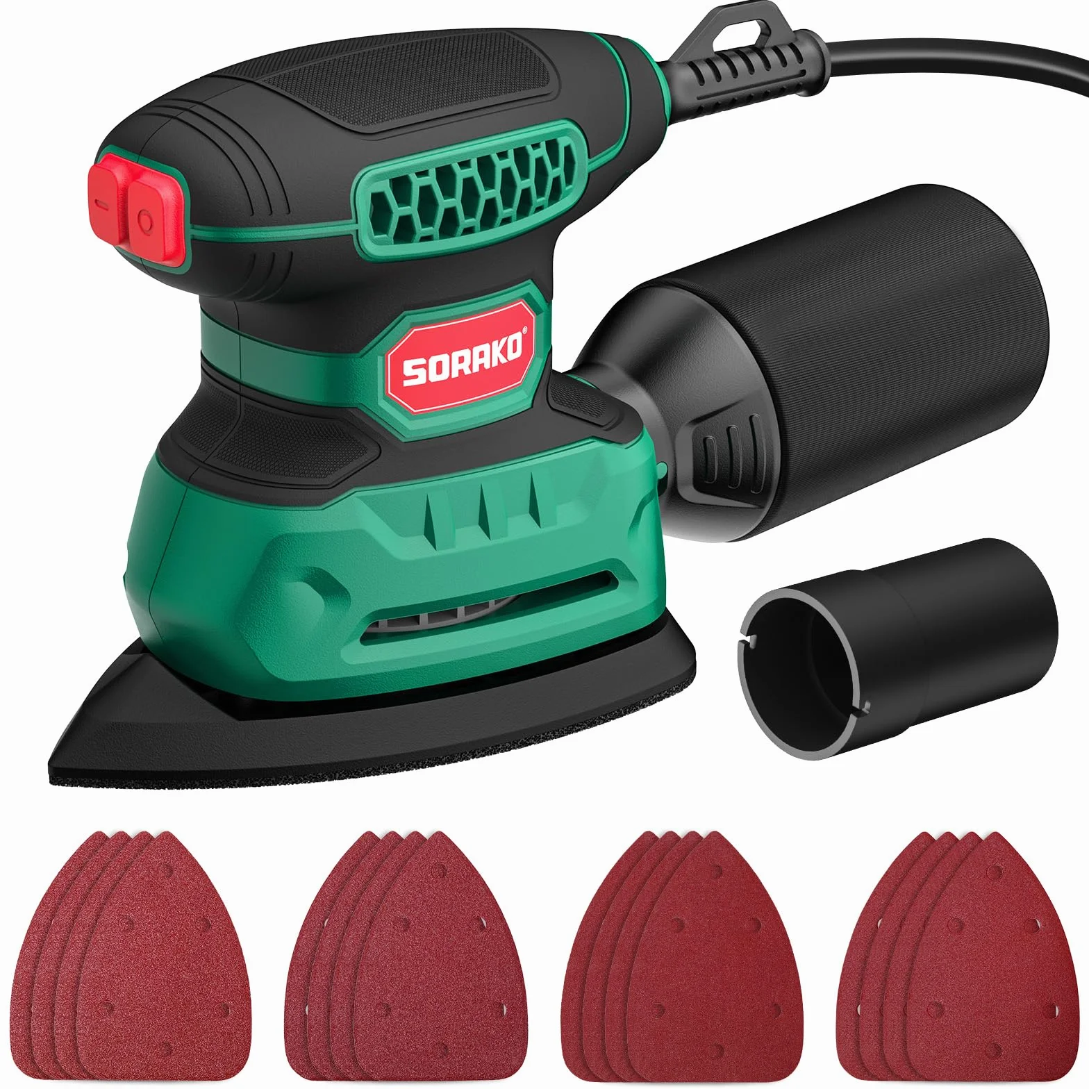 SORAKO Lijadora Madera 220W 14000 OPM Lijadora Electrica Con Bolsa Para Polvo Y 16 Hojas De Lija, Ideal Para Lijar Superficies De Madera Y Acero En Espacios Reducidos