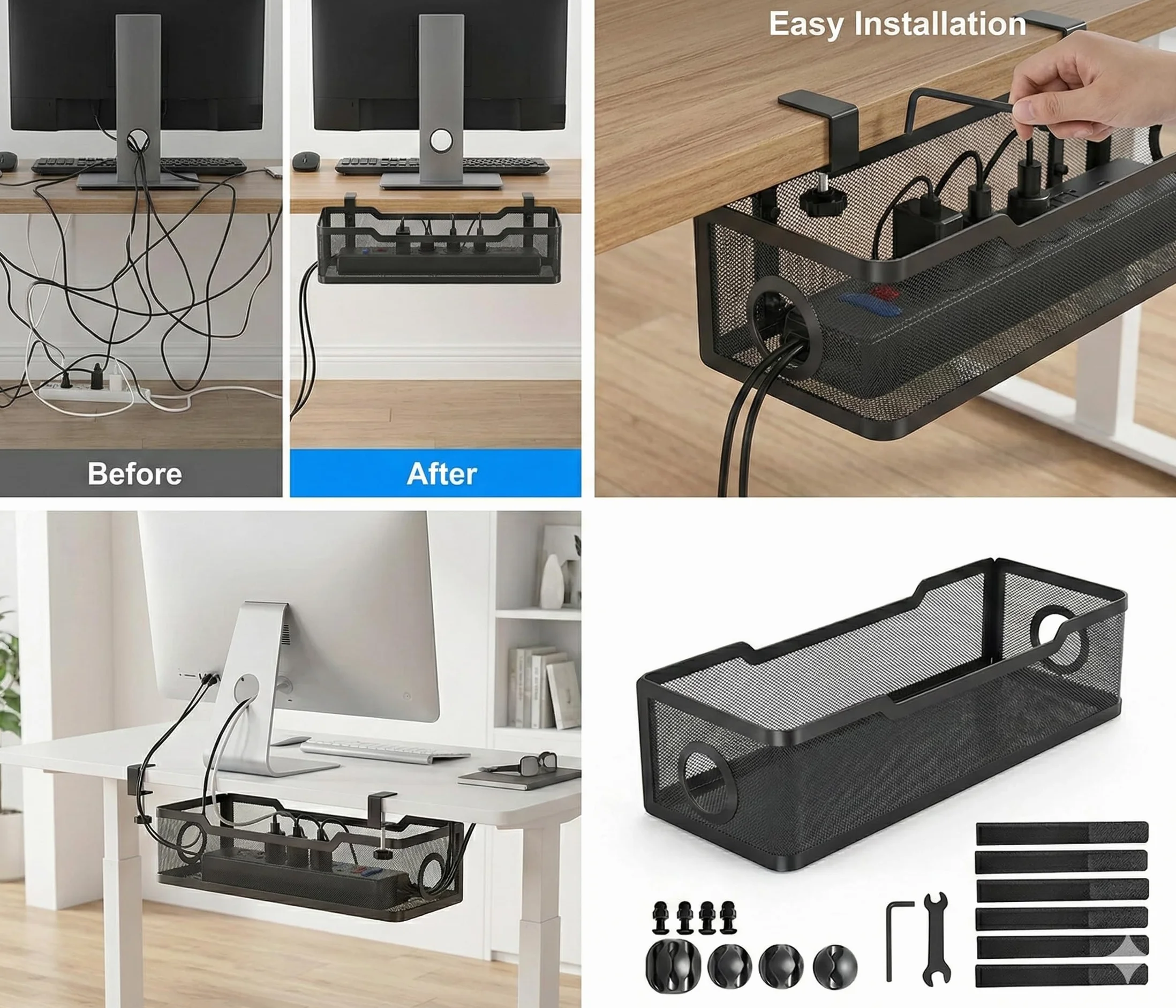 Organizador Cables Escritorio Bajo Mesa – Bandeja Organizadora de Cables Metálica sin Taladro para Regletas y Cargadores – Soporte Cable Management Oficina y Home Office (Negro)