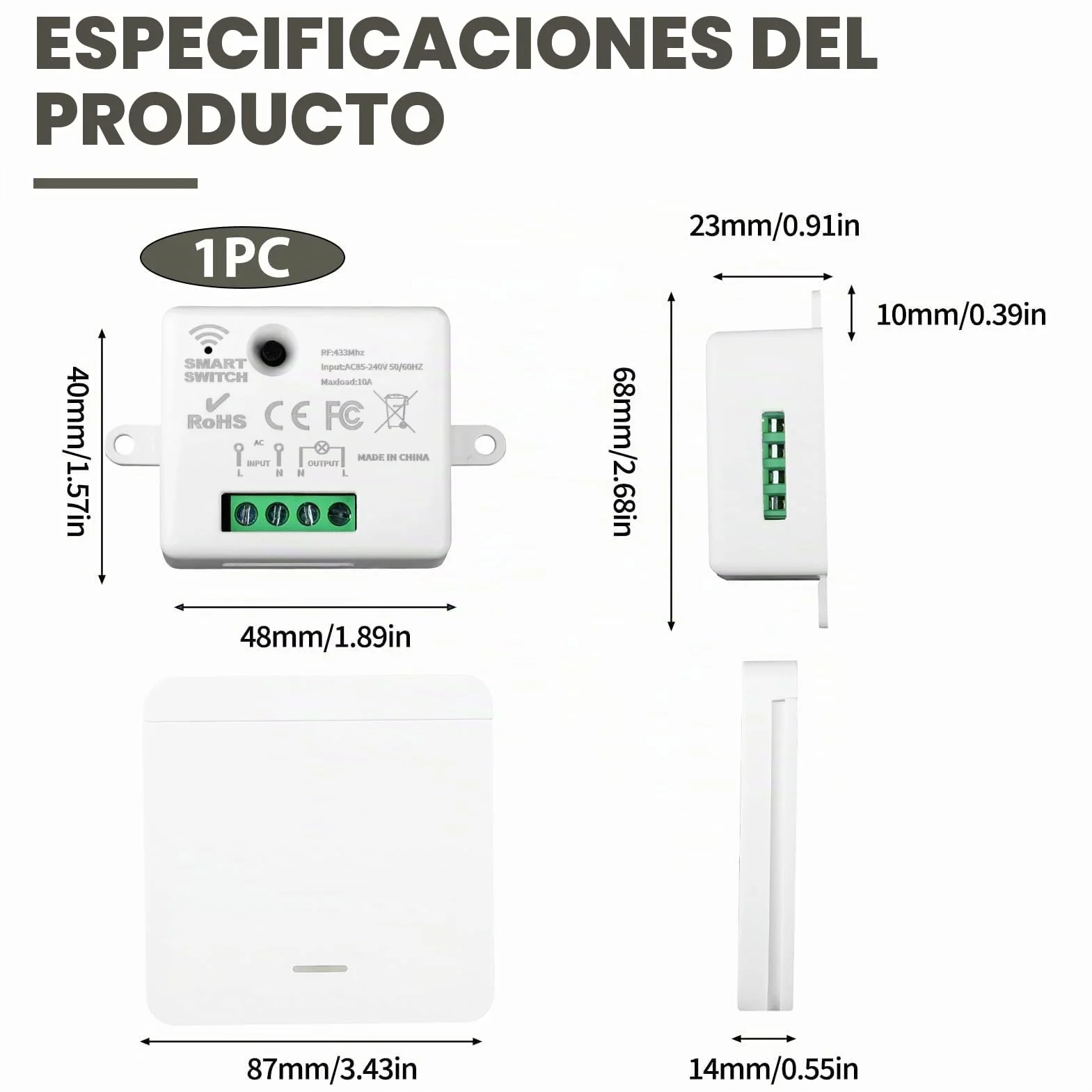 Interruptor de Luz Inalámbrico Kit 433MHz 220V con Receptor, hasta 50m de Alcance