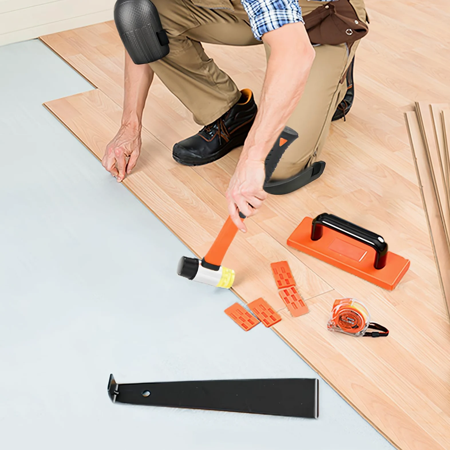 Suelo Laminado, 43 Piezas Herramienta de Laminado, 198 mm Sistema de Clic, 1 Taco de Impacto, 1 Barra de Tracción, 40 Espaciadores, 1 Martillo de Doble Cabeza, para Colocar Piso de Madera Compu