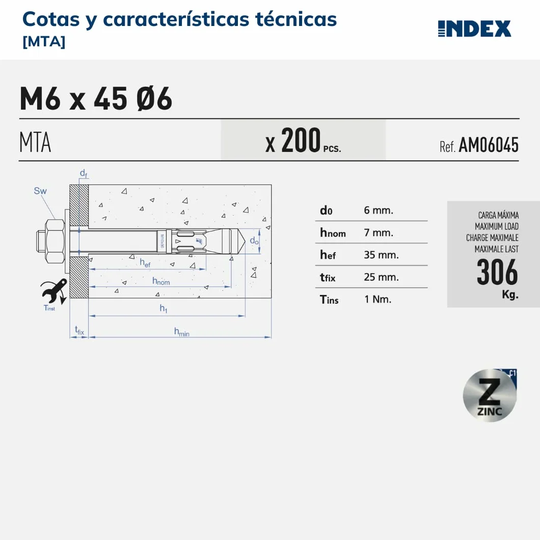INDEX Fixing Systems MTA - Pack de 50 anclajes macho para cargas altas (cincados, M10 x 150 mm, diámetro de 10 mm)