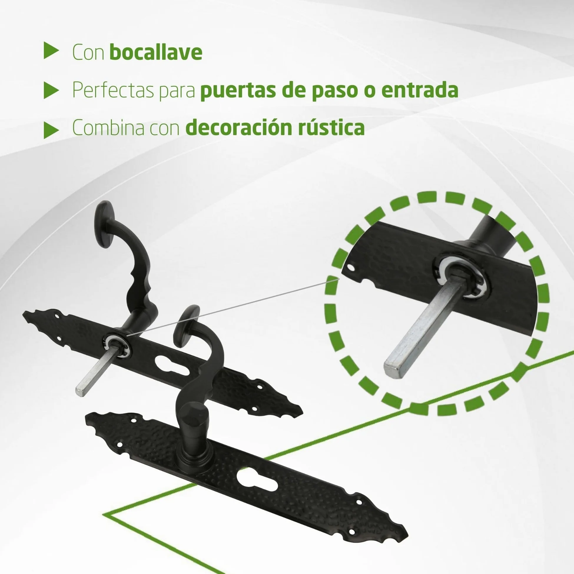 Amig - Juego de 2 Manillas para Puertas de Paso Mod.100PB85-280 x 45 x 3,5 mm - Cuadradillo 8 mm - Para Uso Con Cerraduras De Embutir - Tipo Forja - De Zamak Acabado en Negro