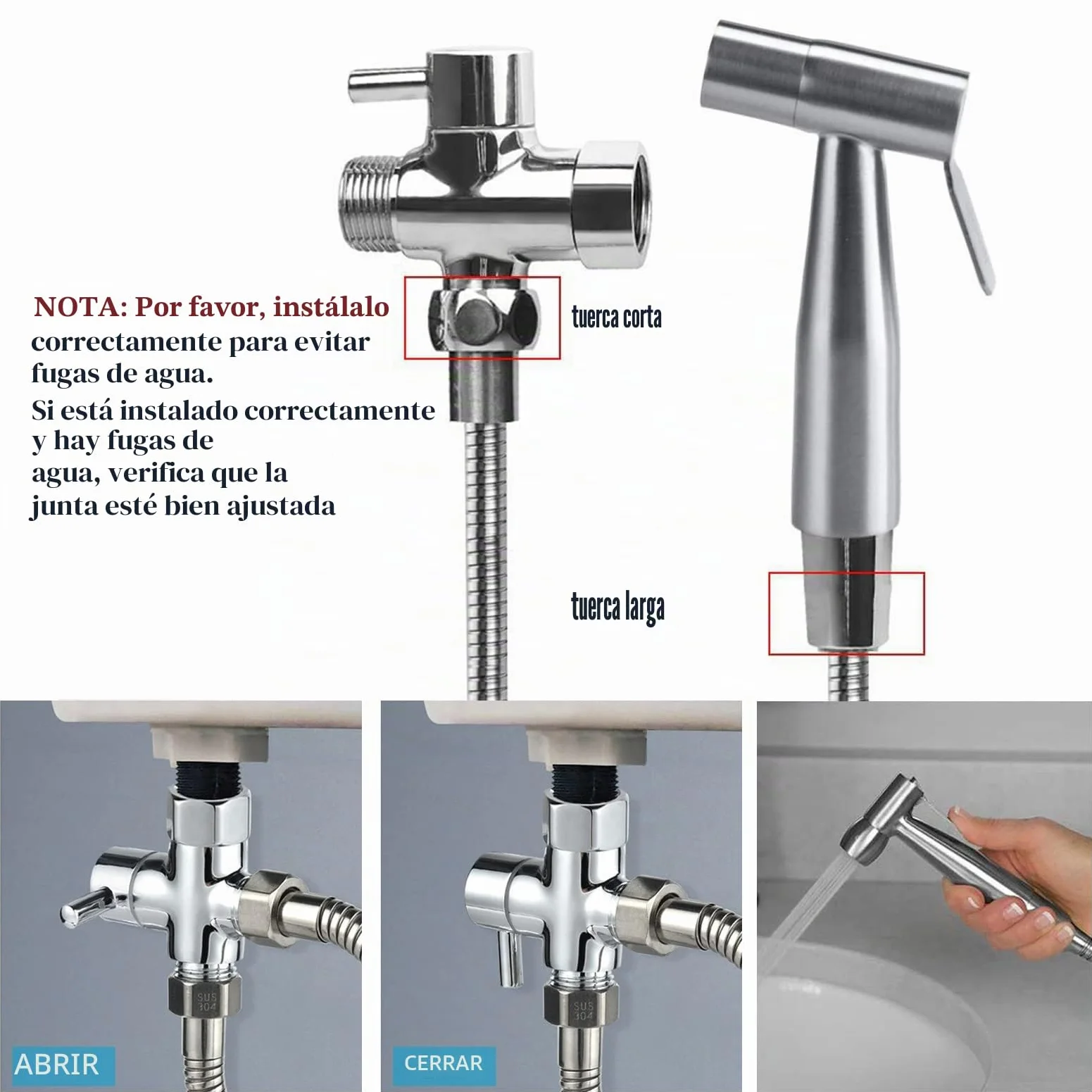 Vaporizador de baño ducha de mano bidé de acero inoxidable con válvula de 3 vías (1/2"-3/8") perfecta para higiene personal, cuidado de limpieza