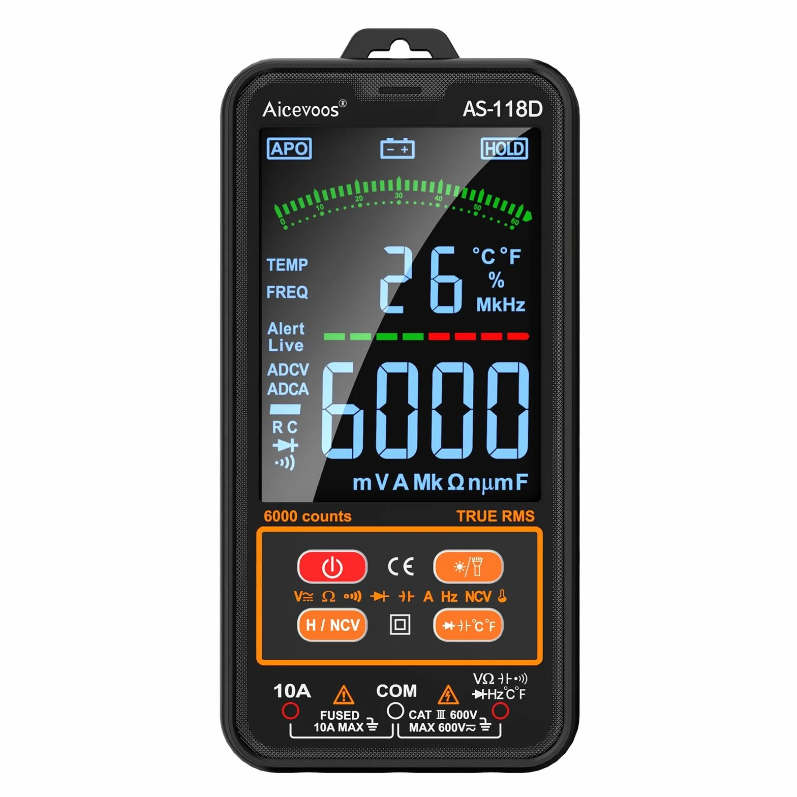AS-118D Multimetro Digital Polimetro Digital Multimetro Digital Profesional Auto-Rango TRMS para Medir CA/CC Corriente, Voltaje, Resistencia, Frecuencia, Capacidad, NCV, Diodes | negro