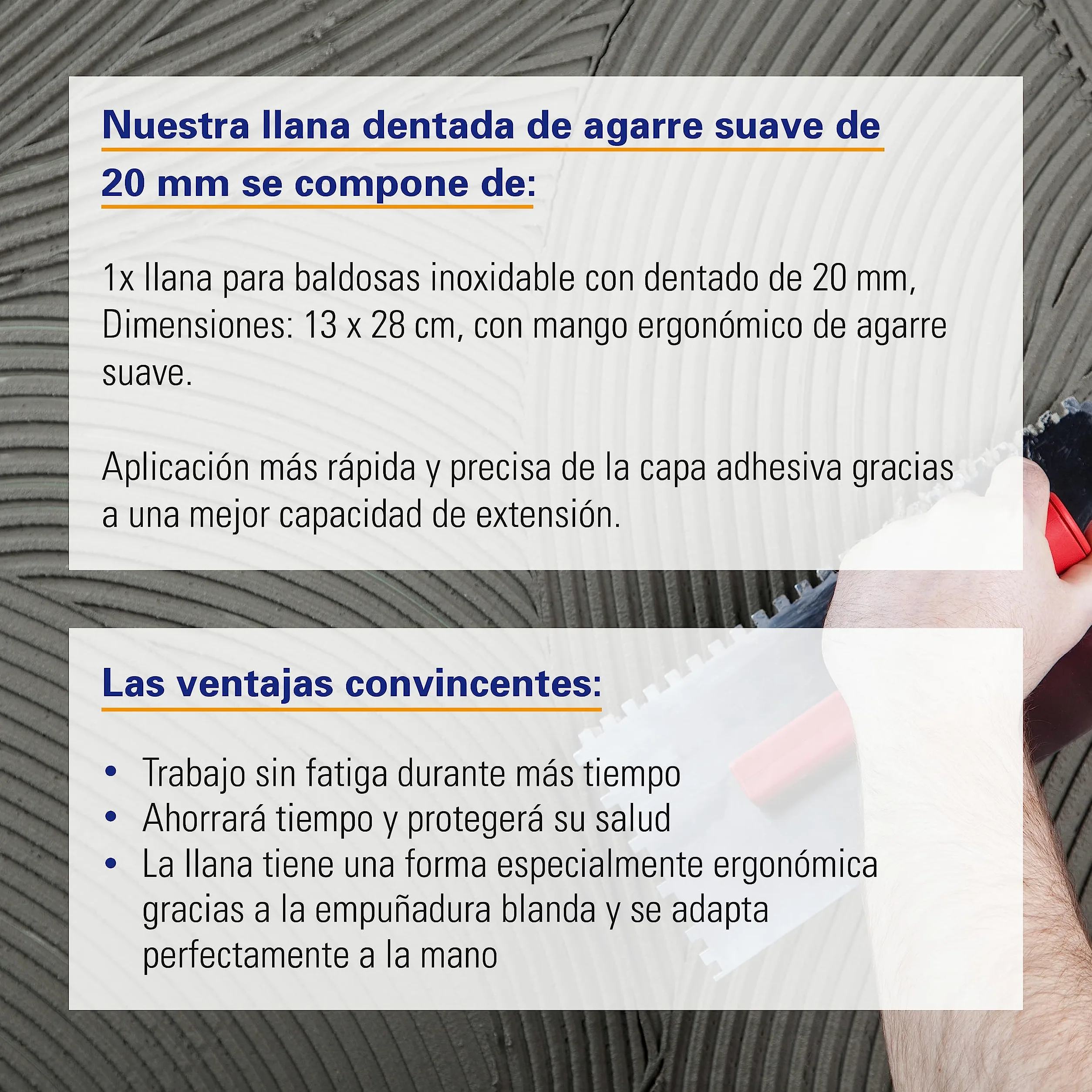 Karl Dahm Llana Dentada de Mango Suave 20mm I Llana para Baldosas Acero Inoxidable con Muescas 20mm I Empuñadura Blanda y Ergonómica para Fácil Aplicación de Adhesivos, Herramienta Profesional – 11653