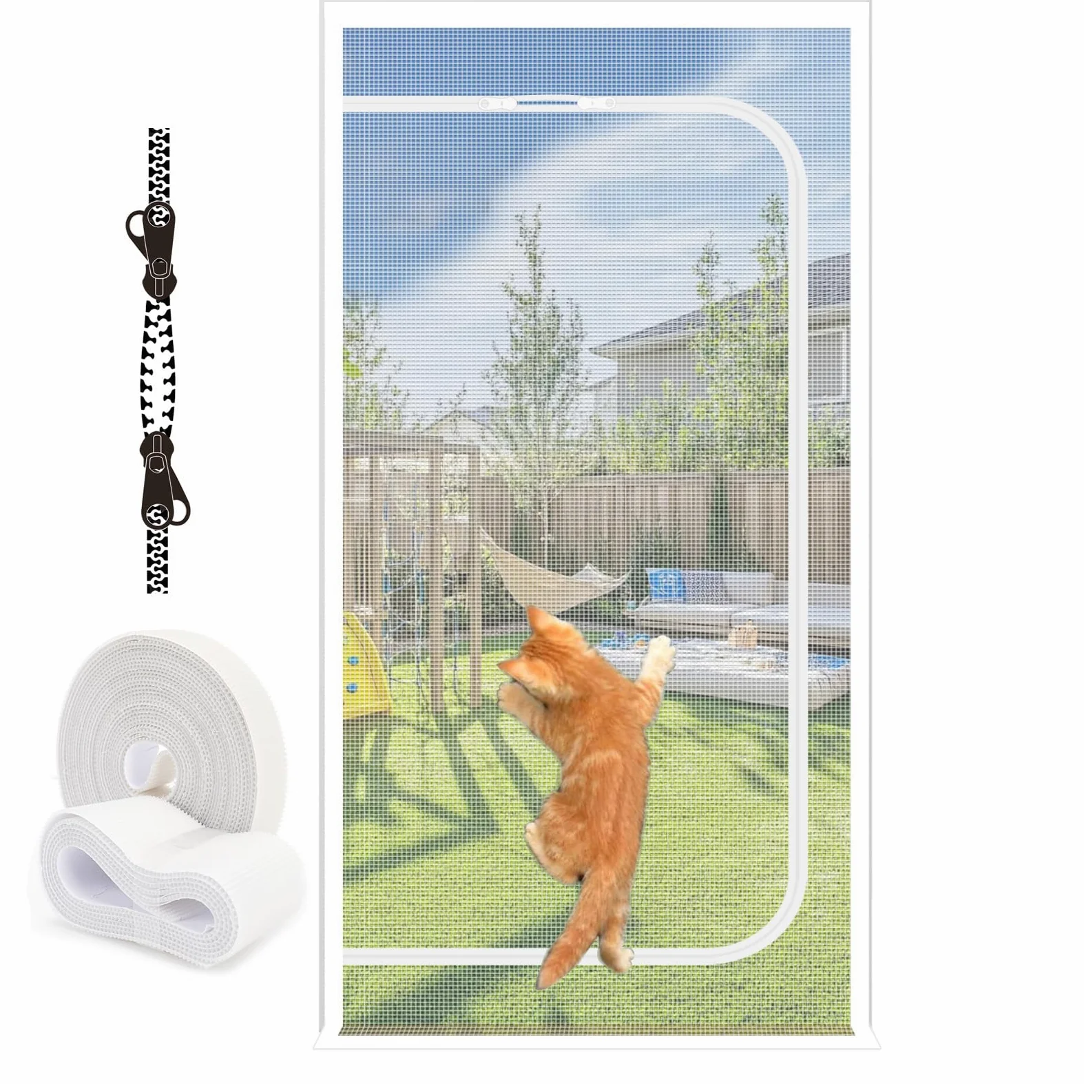 MAGICDOOR Mosquitera Puerta para Gatos Reversible 105x180cm, Blanco | Malla Resistente, Evita Que los Gatos Perros se Escapen de casa, con Cremallera Bilateral, Cinta 4cm en Parte Superior