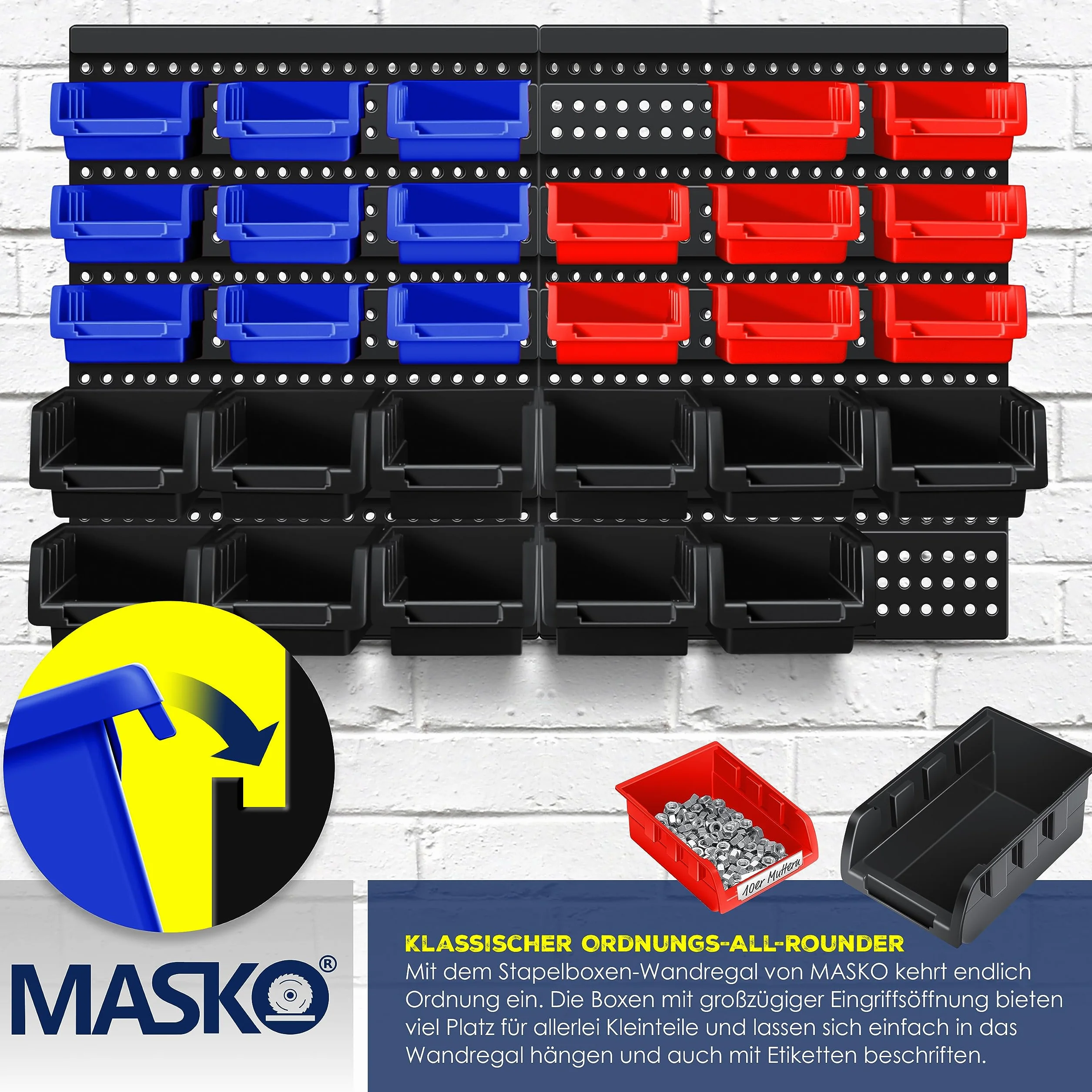 MASKO® Cajas Apilables, Estante de Pared, Cajas de Almacenamiento visibles, Estante Basculante, Estante Enchufable, 32 partes - Negro/Azul/Rojo