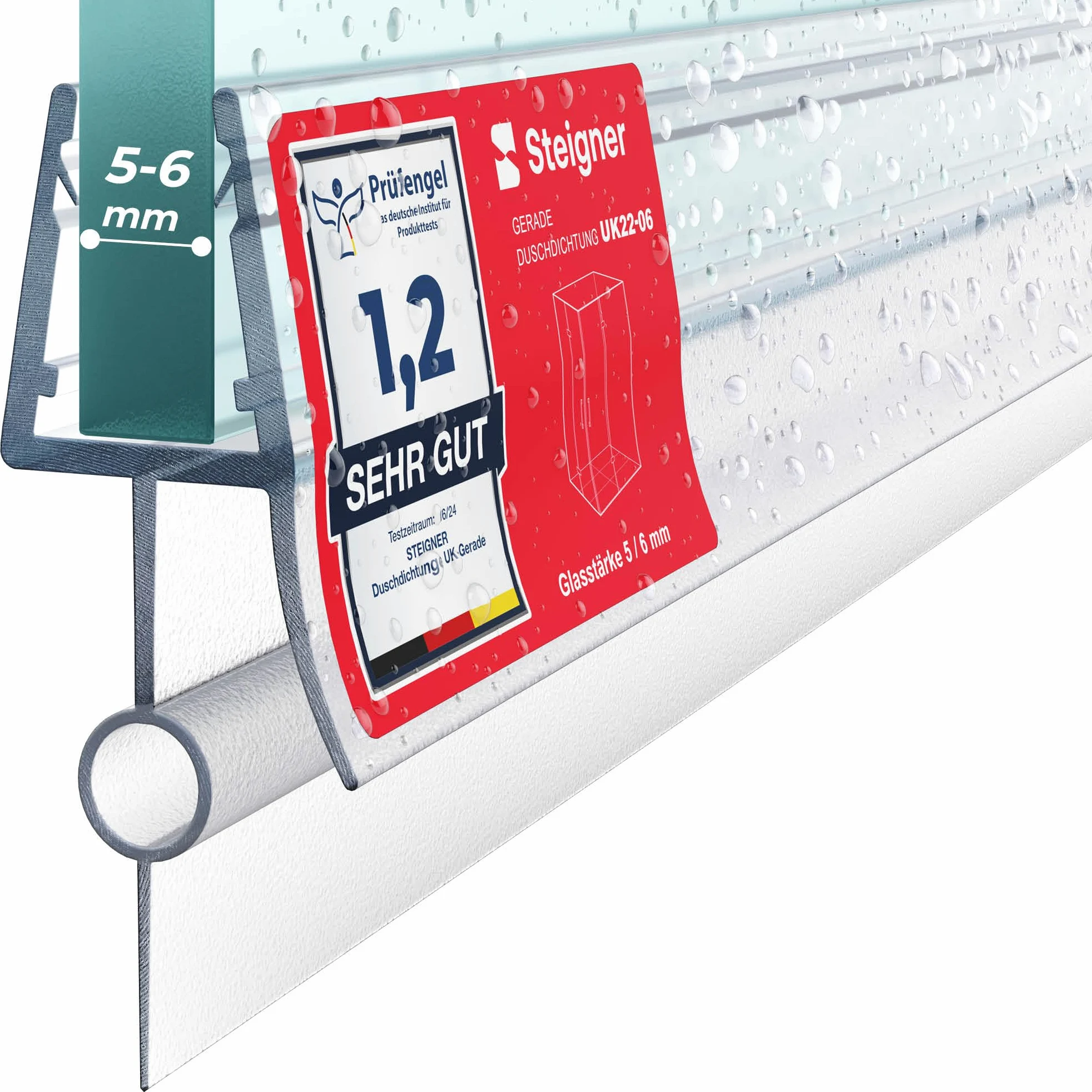 STEIGNER Junta de Ducha, Junta de Sellado, 100 cm, Espesor del Vidrio 5/6 mm, Junta Recta PVC, UK22-06