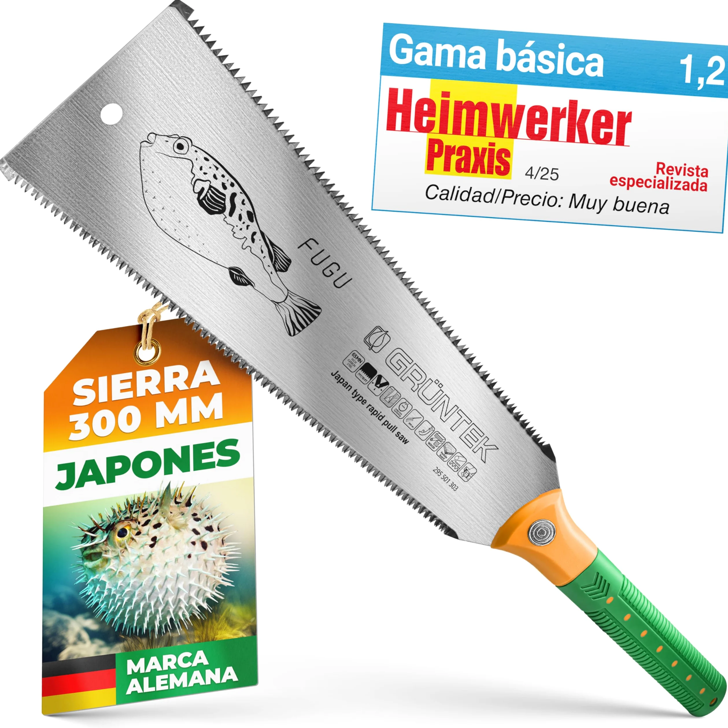 GRÜNTEK Serrucho Japones Sierra Ryoba FUGU 300 mm de corte fino. Serrucho de mano para madera. Hoja dentada en ambos lados.