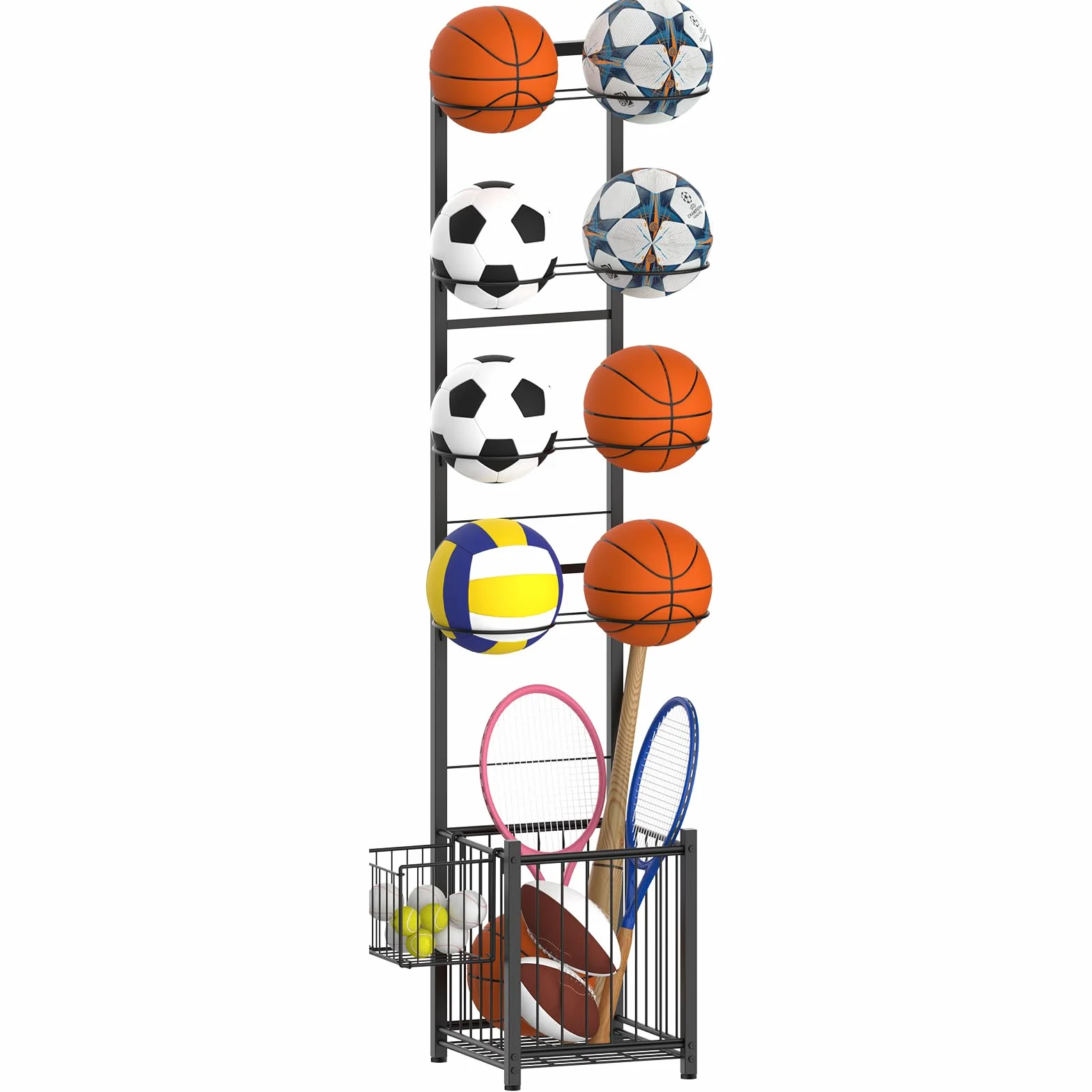 CADUKE Almacenamiento de baloncesto y deportes, estante vertical para 8 pelotas y raquetas, ideal para garaje, interior y exterior