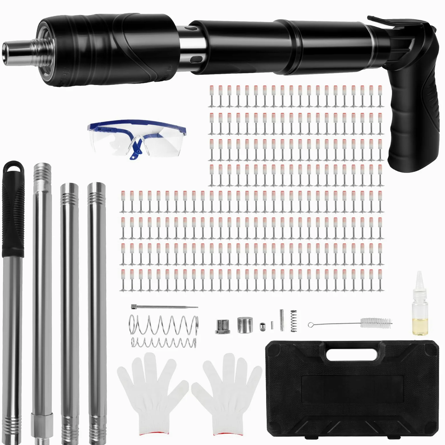 Pistola de clavos manual con 200 clavos redondos, dispositivo de disparo de pernos ajustable de 5 velocidades para acero y hormigón, portátil y silencioso con juego de protección (guantes, gafas de