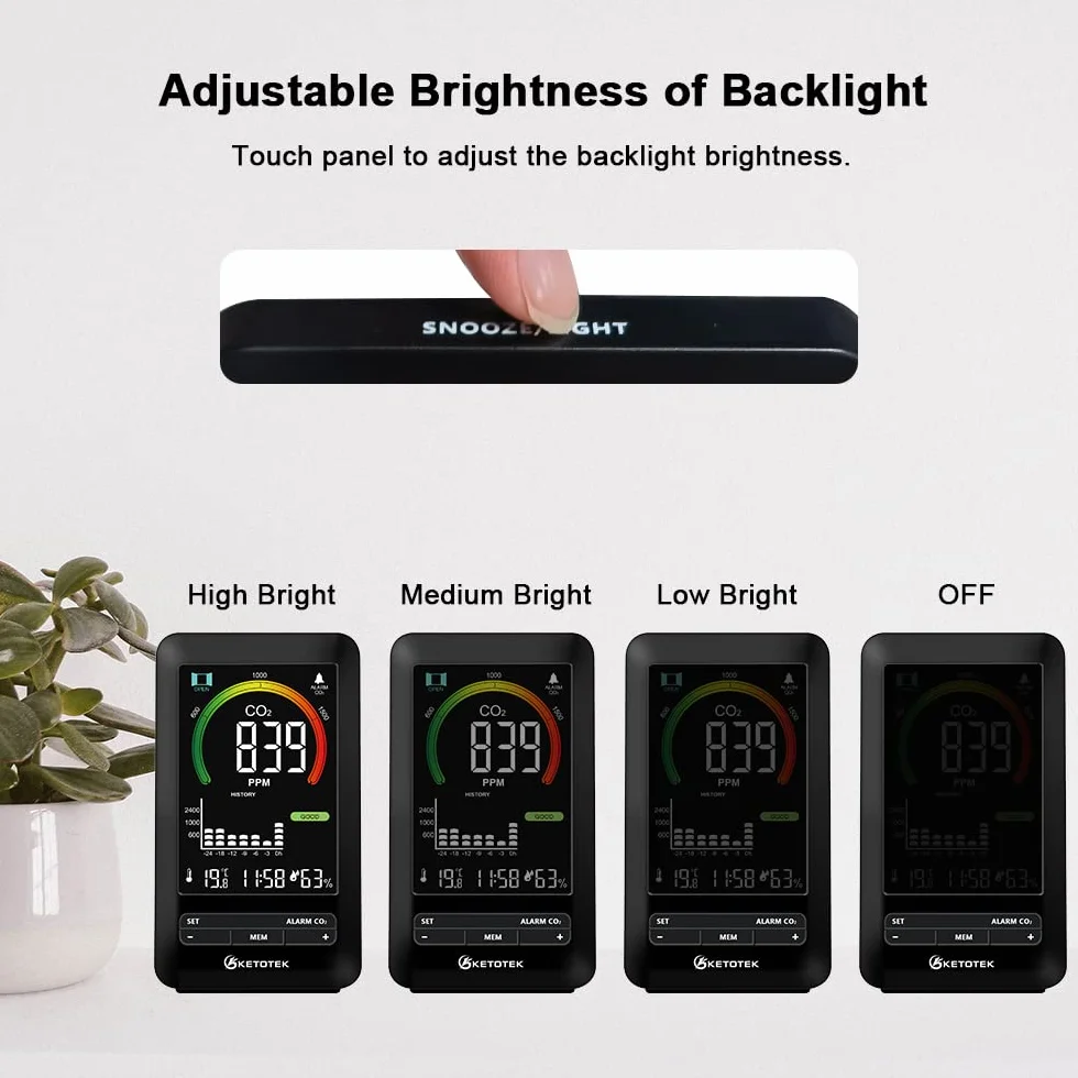 KETOTEK Medidor de CO2, Detector de CO2, Monitor de Calidad del Aire analizador con Alarma, Detector de dióxido de Carbono, Temperatura, Humedad