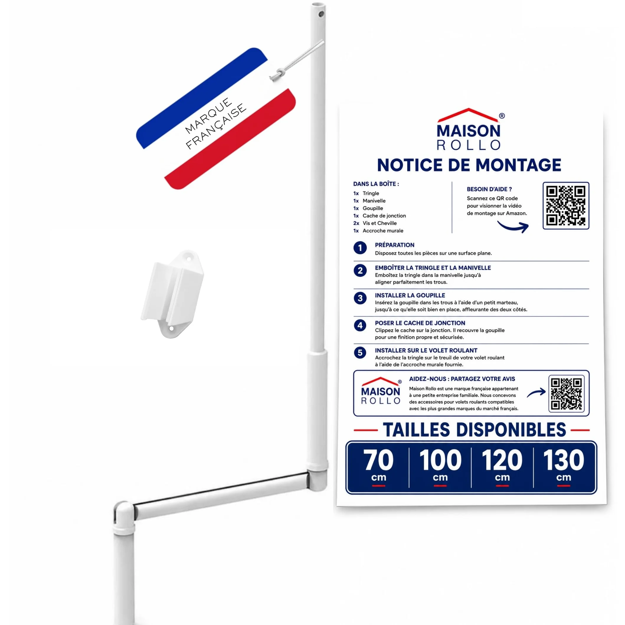 Manivela de persiana enrollable 100 cm – Manivela completa de acero lacado blanco Ø12 mm con mango ergonómico y soporte de pared – Maison Rollo