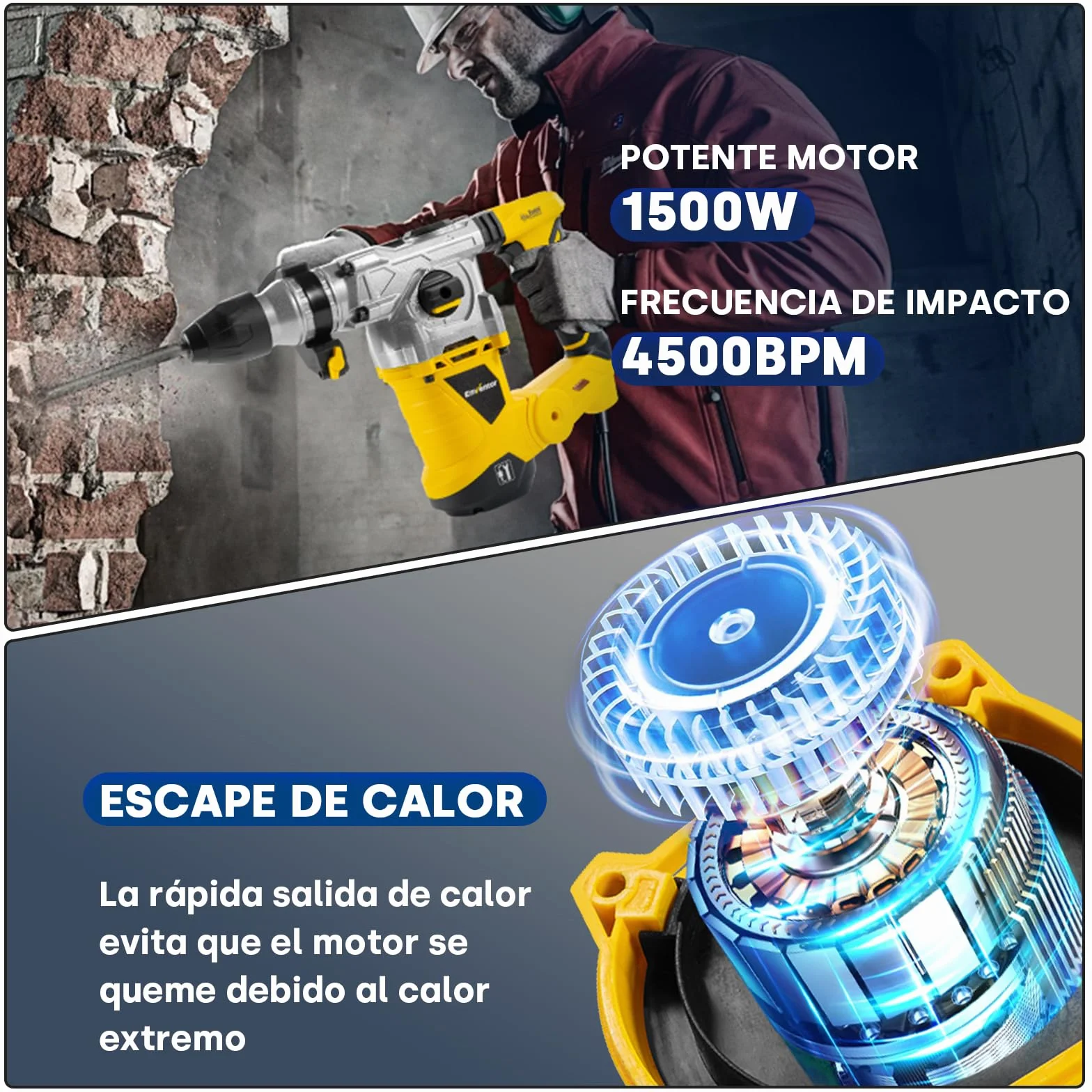 Enventor Martillo Perforador, 1500W Martillo Demoledor, Martillo Percutor con SDS-Plus Mandril, 4500BPM, 6J, 850RPM, 4 Funciones, Control de Vibración, para Concreto, Metal y Madera