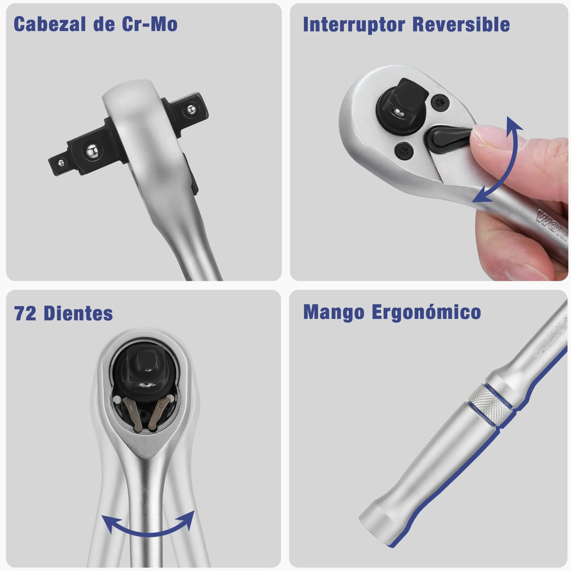 WORKPRO Caja Herramientas, Juego de Llaves de Vaso de 22 Piezas con Mango de Trinquete, Llave de Carraca de 1/4”, 3/8”, 1/2”, Llaves de Vaso Métricas de Acero C-V con Barras de Extensión, con Estuche