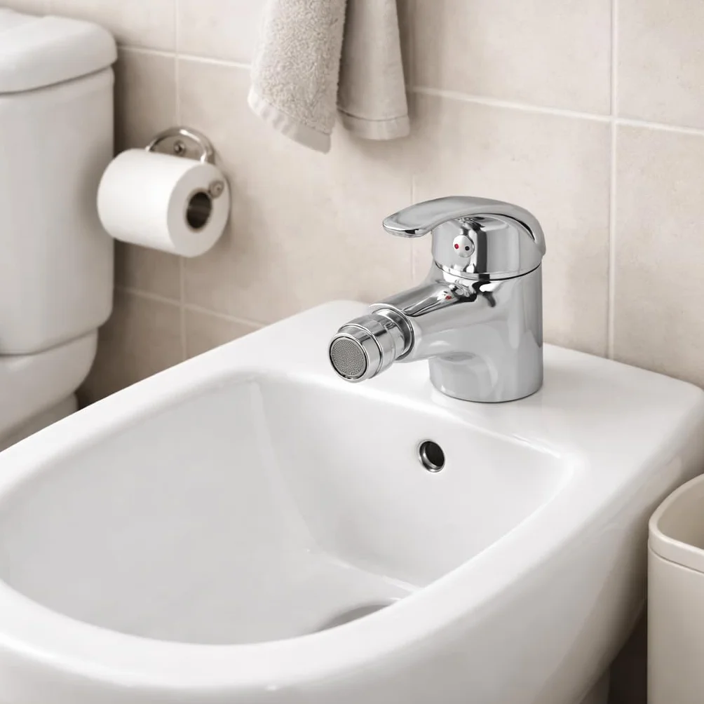 Monomando de Bidé 2 Aguas, Mezclador para Lavabo y Bidé, Diseño Cromado, Agua Caliente y Fría, Acabado Cromado
